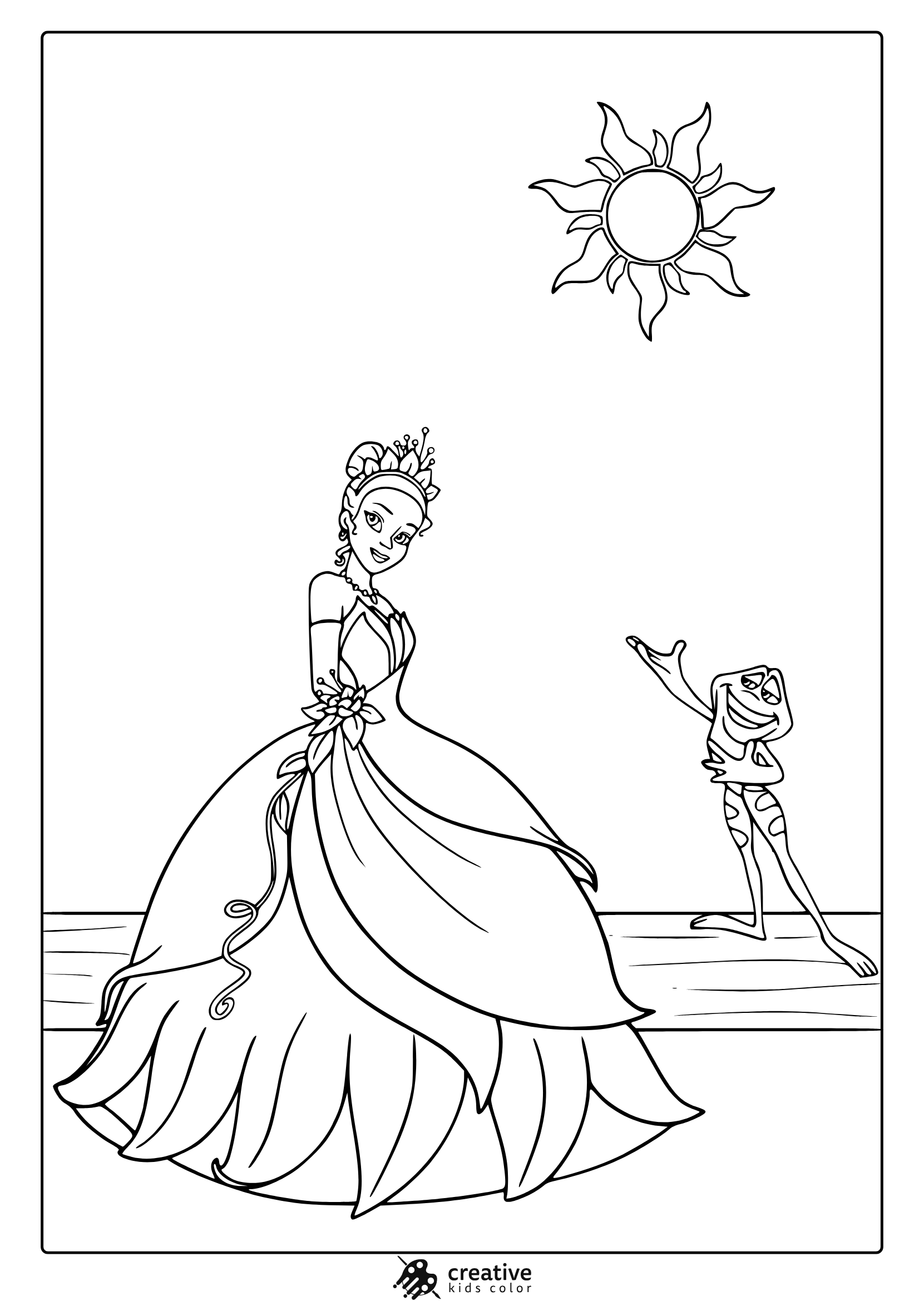 Coloring Page With Princess Tiana In A Gown And A Playful Frog Beside Her Under A Stylized Sun.