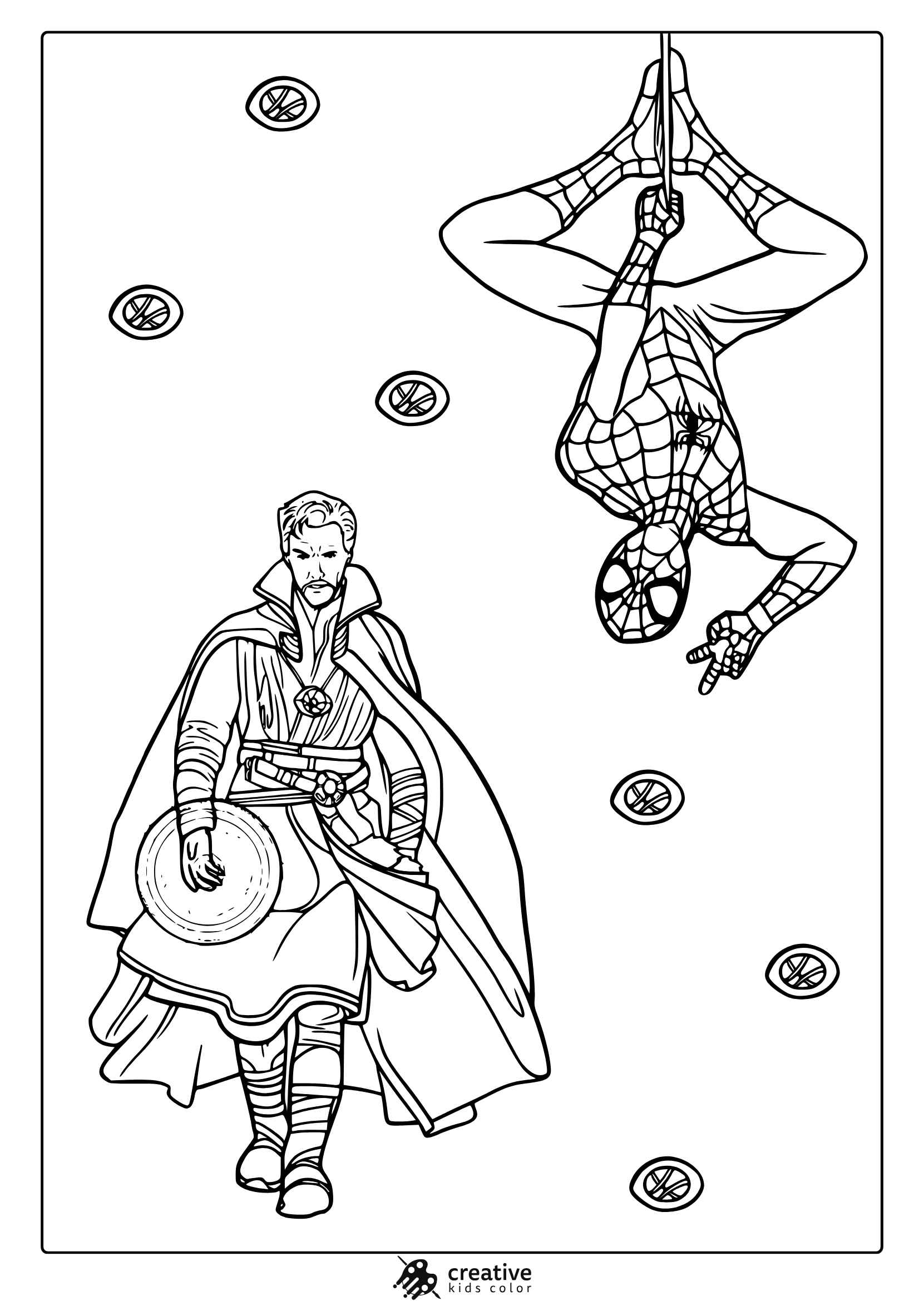 Doctor Strange And Spider-Man Coloring Page With Bold Details And Magical Symbols.