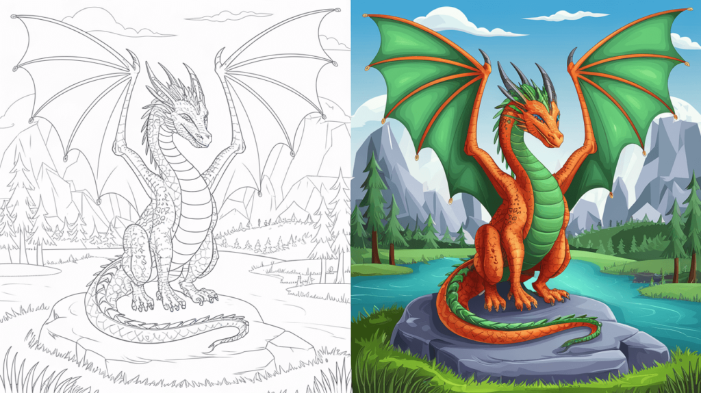 Dragon Coloring Page Cover, Left Side Is Colored In Black And White, Right Side Is Colored With A Fun, Nature-Filled Scene.