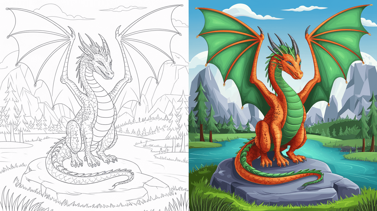 Dragon Coloring Page Cover, Left Side Is Colored In Black And White, Right Side Is Colored With A Fun, Nature-Filled Scene.