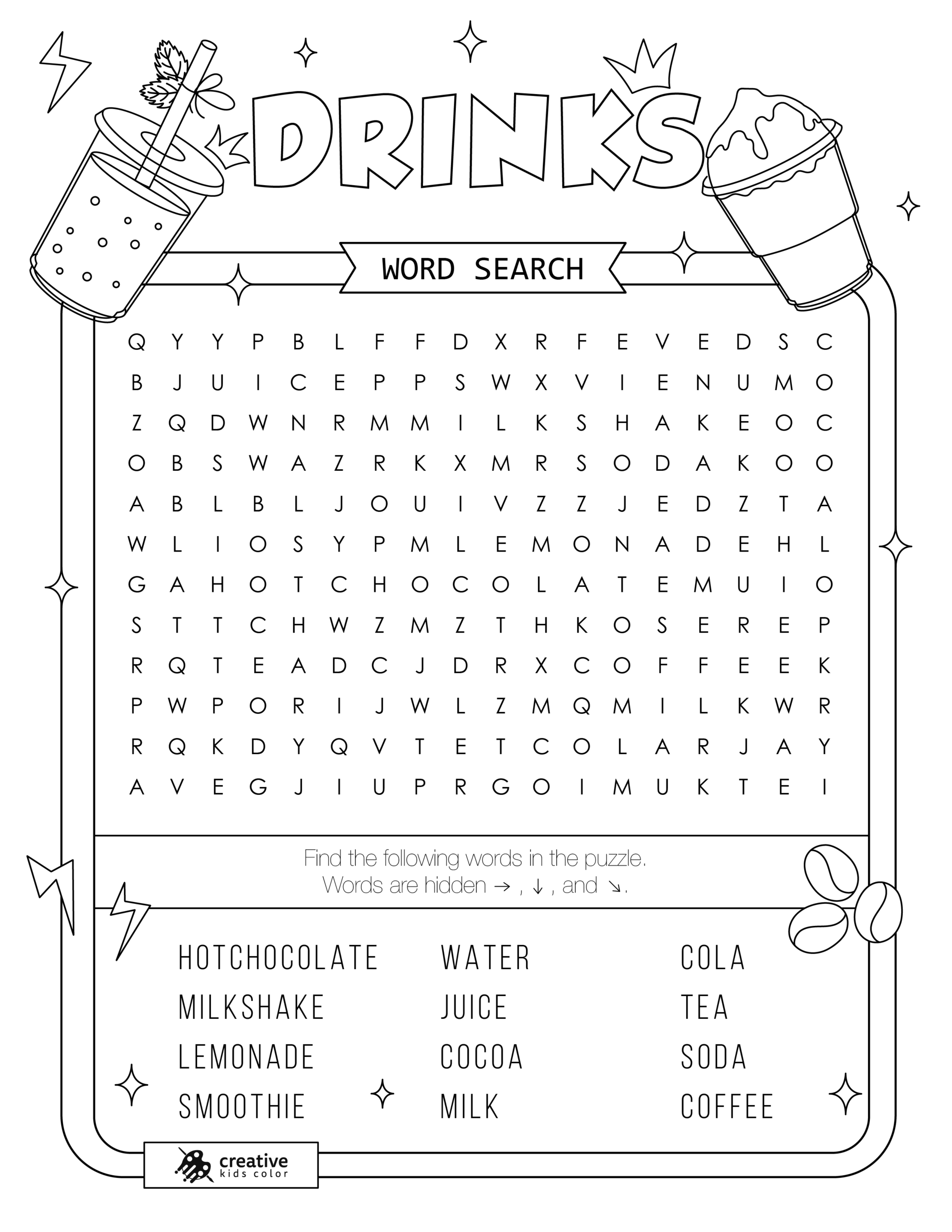 Free printable Drinks word search puzzle with 12 words from water to tea.