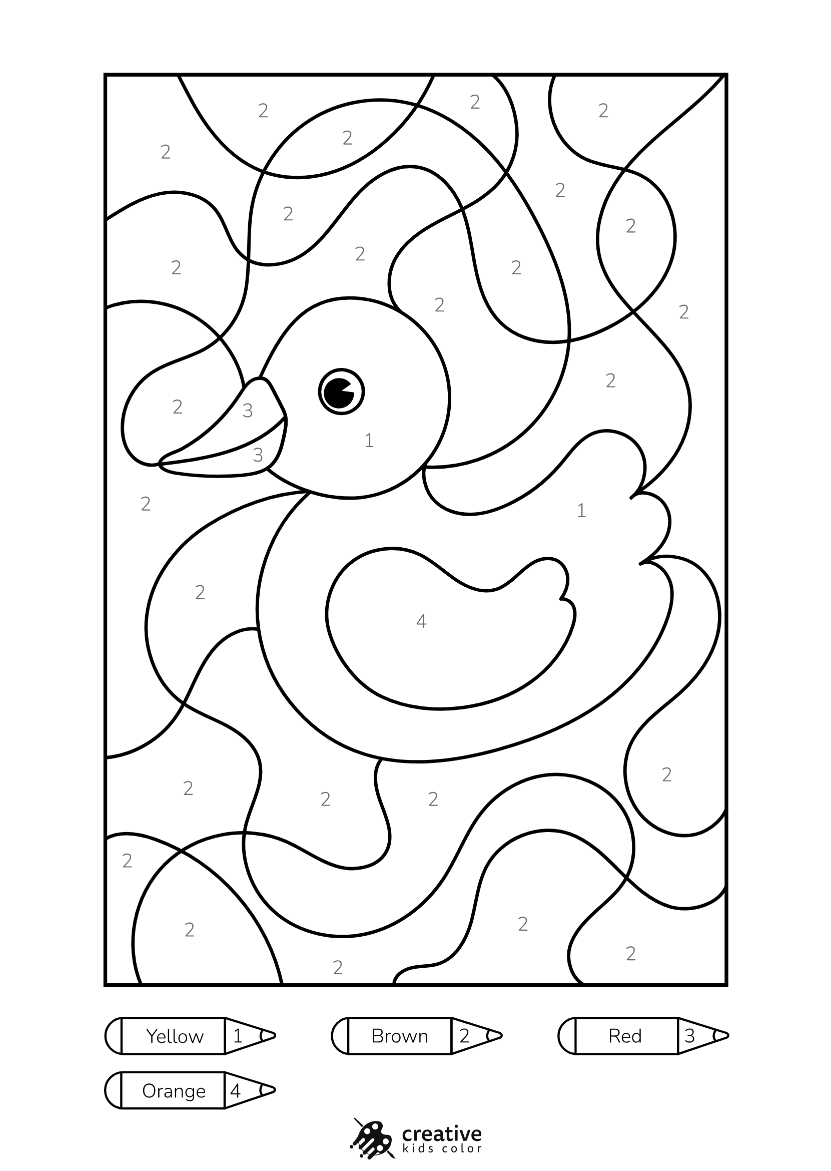 Duck Color By Number Coloring Page With A Yellow Duck Floating On Blue Water With A Cheerful Face.