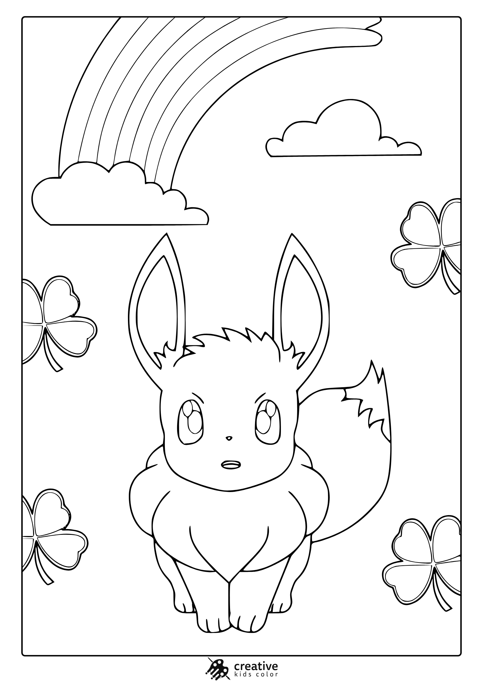 Eevee With Rainbow, Cloud, And Clovers On A Delightful Pokémon Coloring Page.
