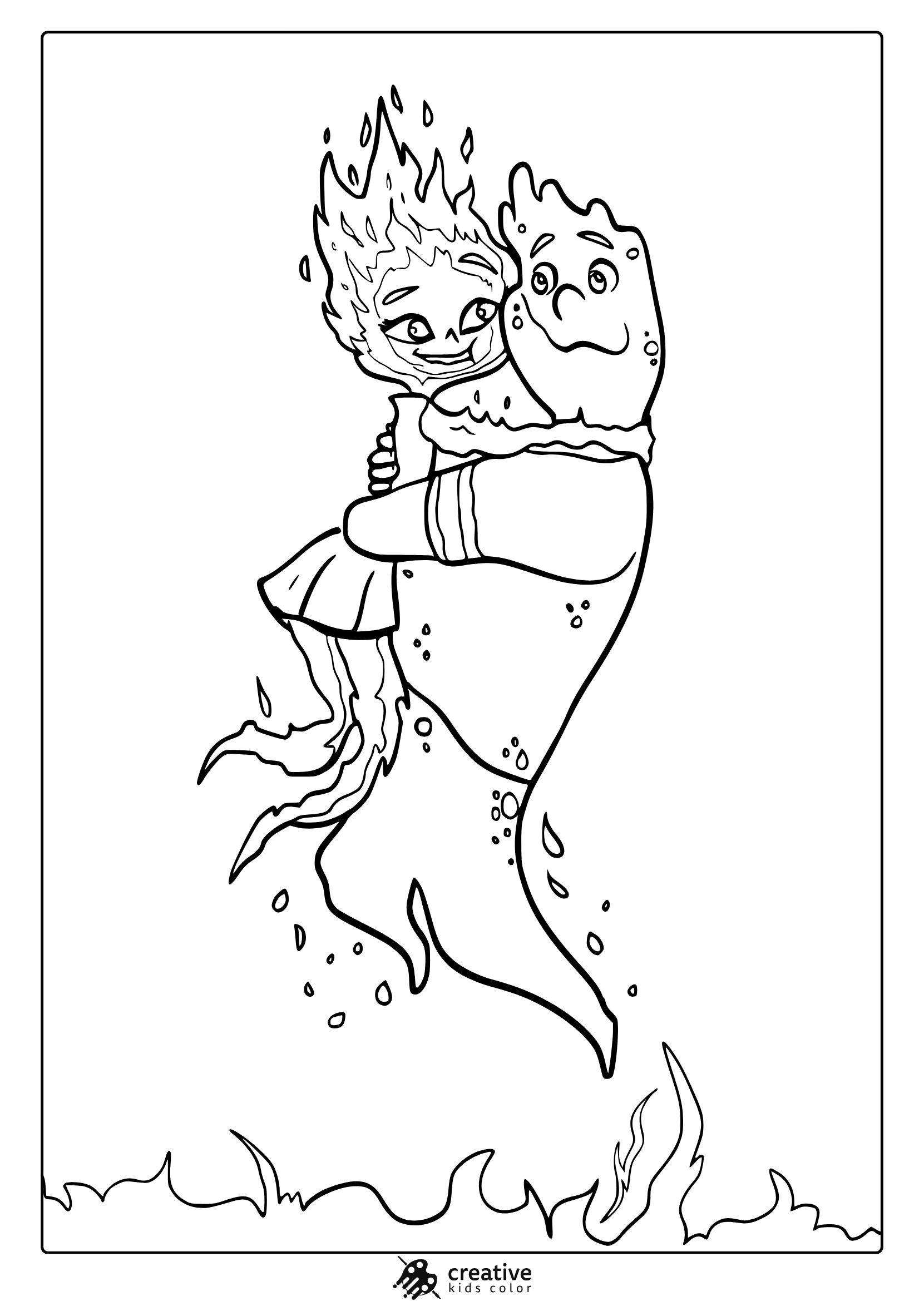 Elemental Characters Coloring Page Hugging Together.