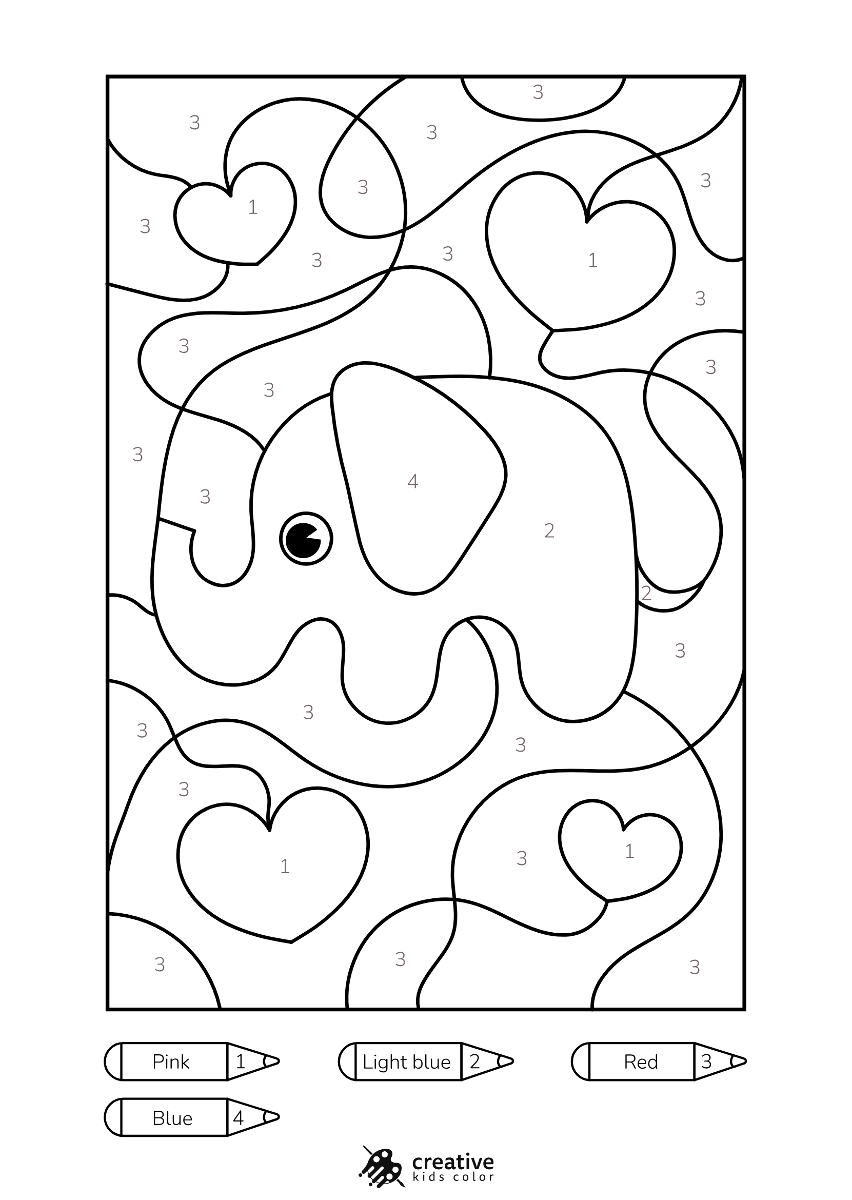 Elephant Color By Number Coloring Page With A Cute Gray Elephant And Big Ears Standing On Green Grass.