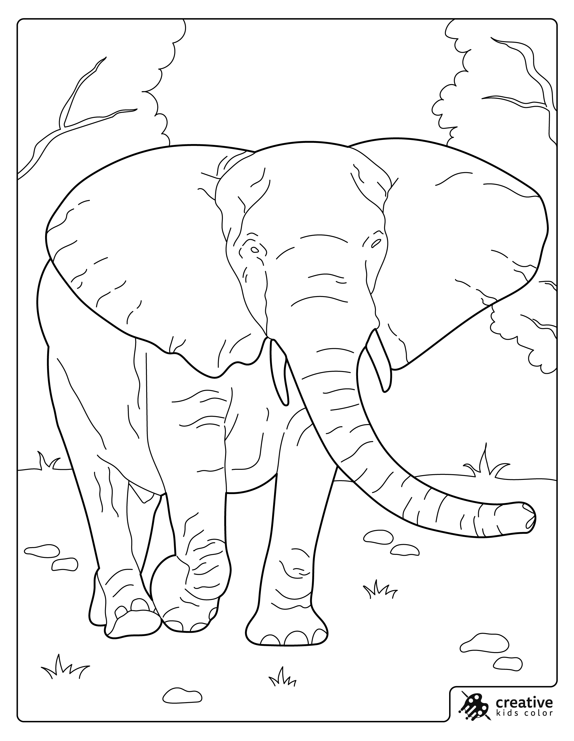 Elephant Coloring Page Showing A Big Elephant Walking Between Trees In Nature.