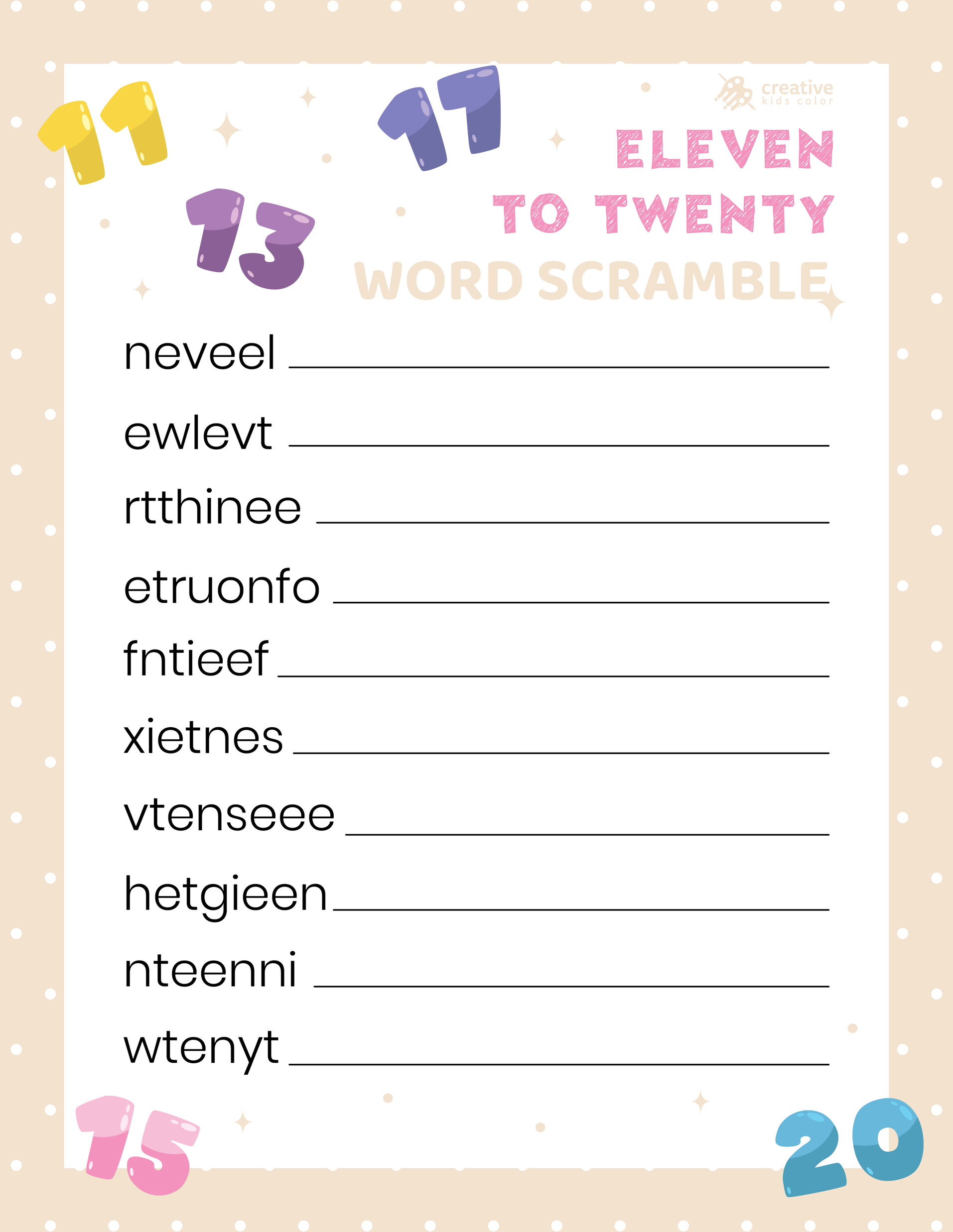 Free printable Eleven to Twenty Word Scramble for kids to learn number words easily.