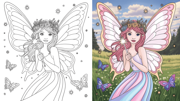 Fairy Coloring Page Cover, Left Side Black And White, Right Side Colored In A Fun, Nature-Filled Scene.