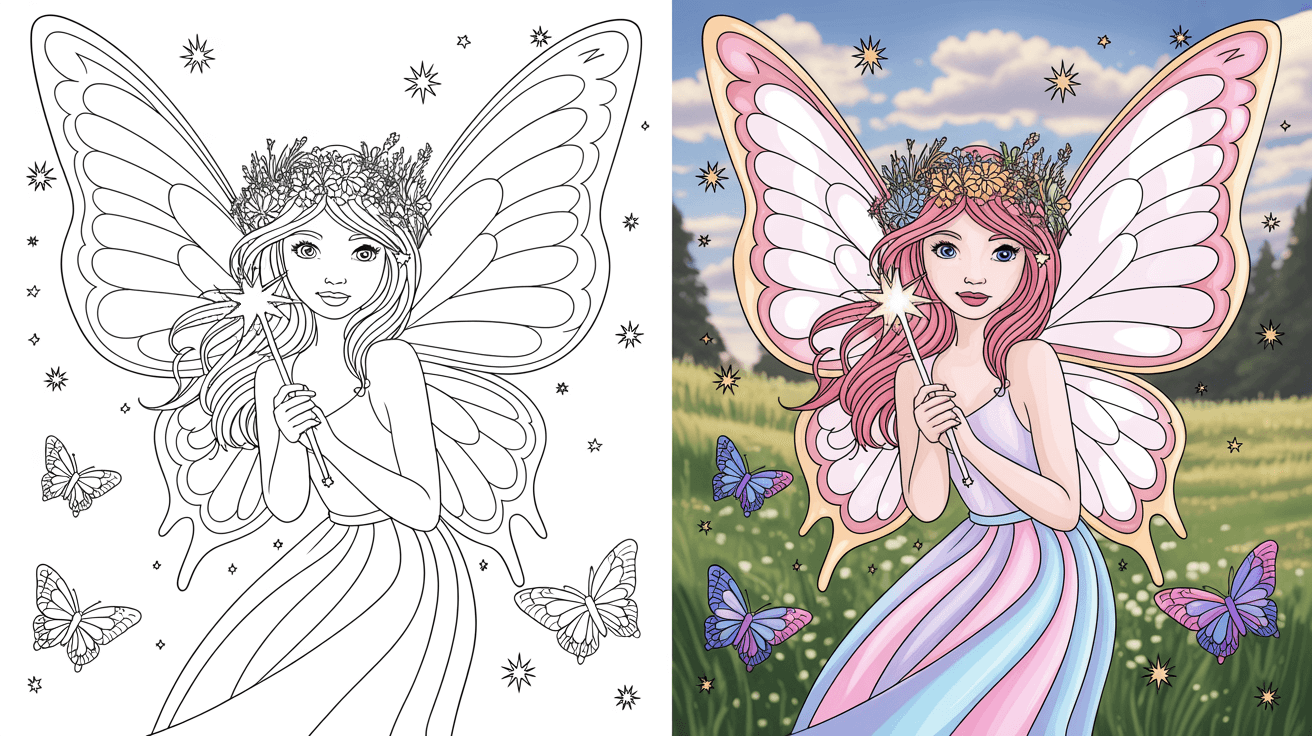 Fairy Coloring Page Cover, Left Side Black And White, Right Side Colored In A Fun, Nature-Filled Scene.