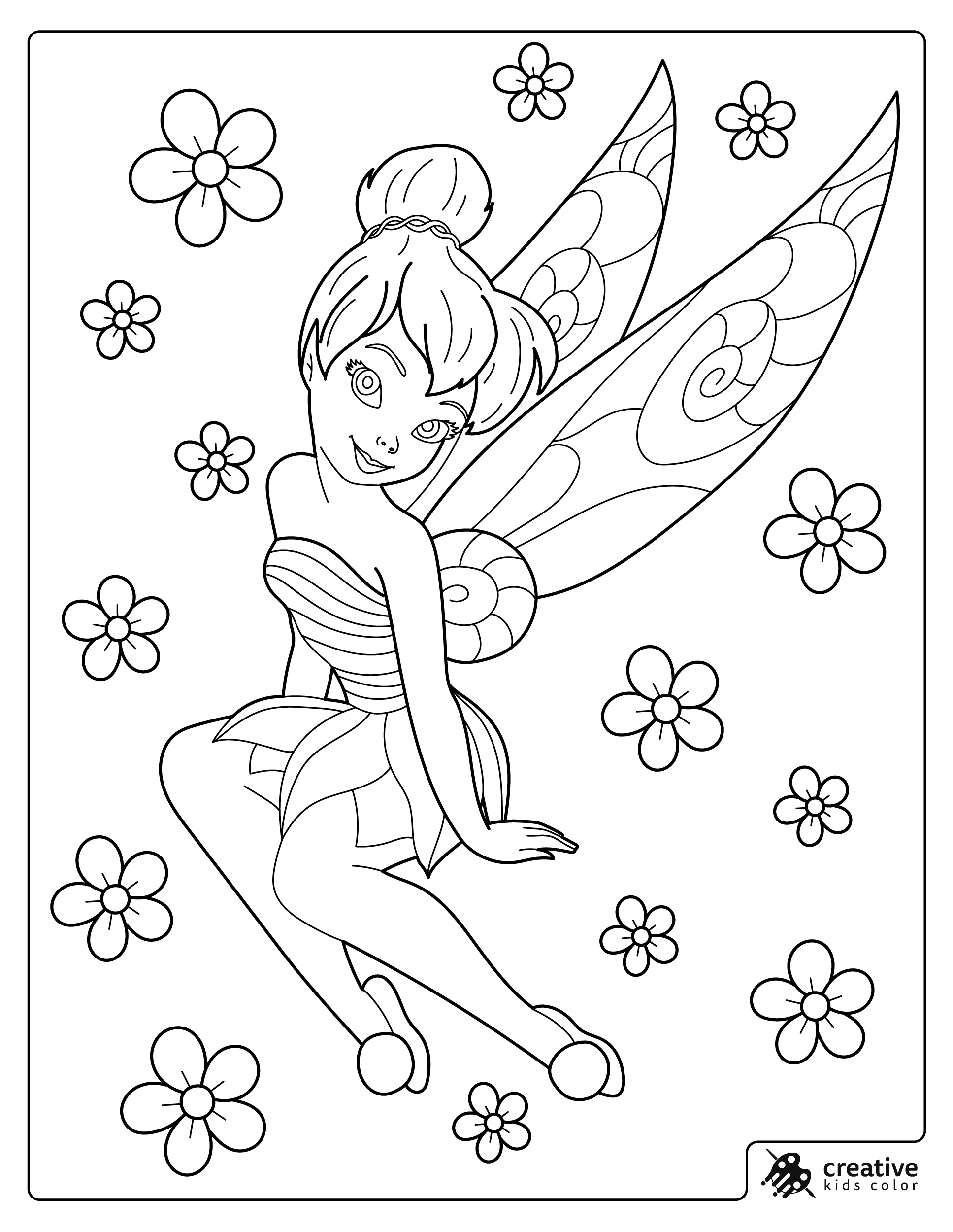 Fairy Coloring Page Showing A Beautiful Fairy Sitting Among Blooming Flowers.