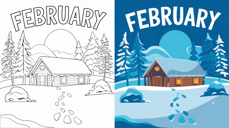 February Coloring Page Cover, Left Side Is Black And White, Right Side Is Colored With A Fun, Snow Themed Scene.