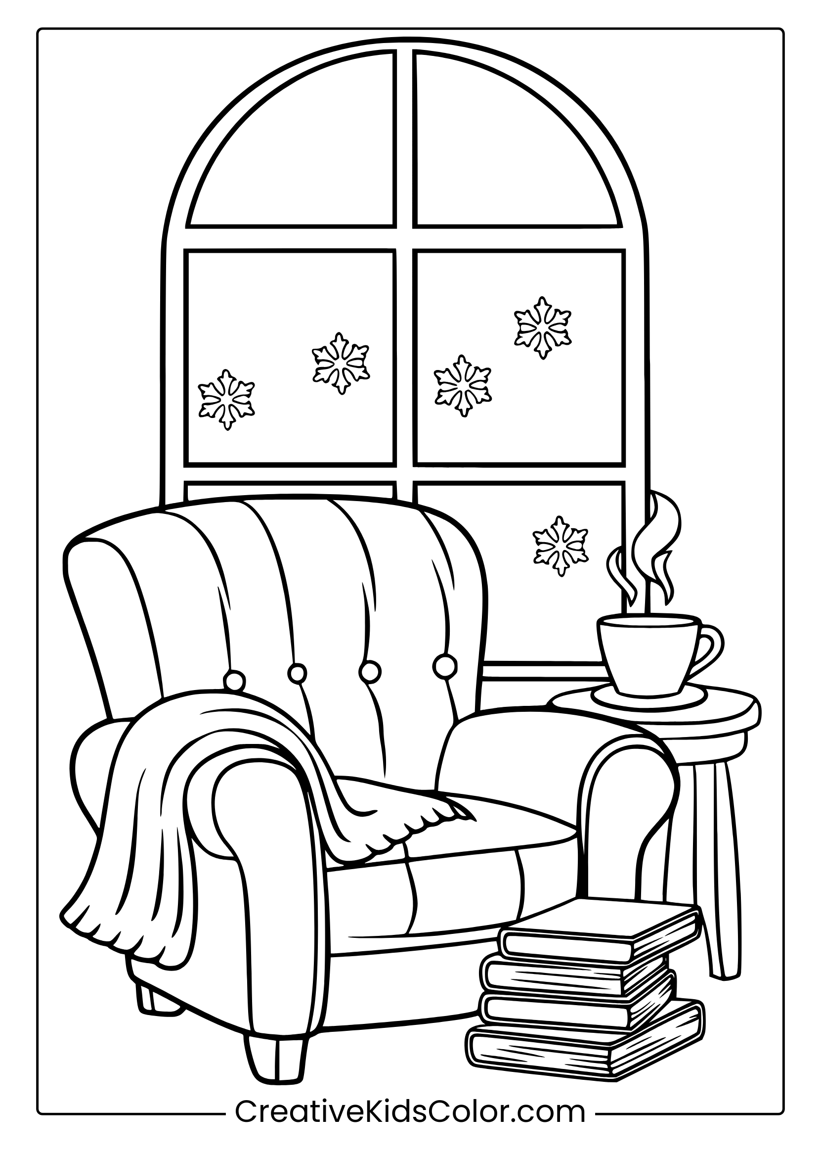 A Cozy February Coloring Page With A Reading Nook And Snowy Winter Scene.