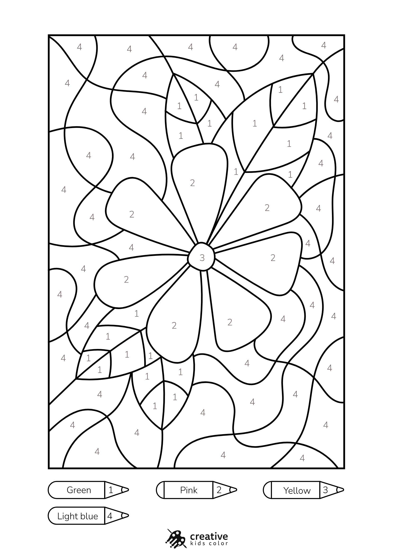 Flower Color By Number Coloring Page With A Single Floral Bloom And Wide Rounded Petals For Easy Coloring.