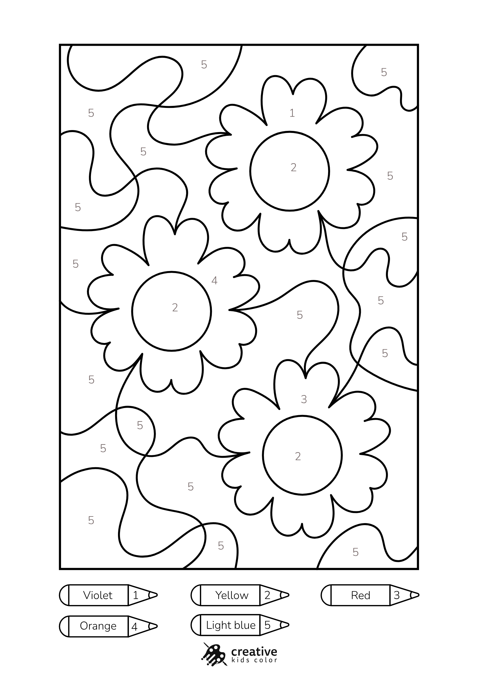 Flowers Color By Number Coloring Page With Multiple Flowers In A Loose Bouquet With Layered Petal Designs.
