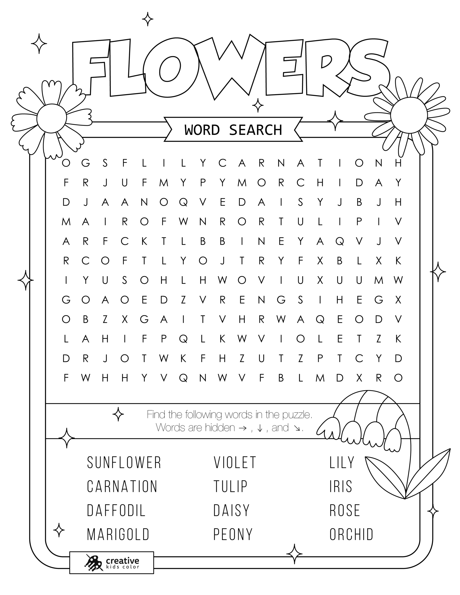 Free printable Flowers word search puzzle with 12 words from rose to tulip.