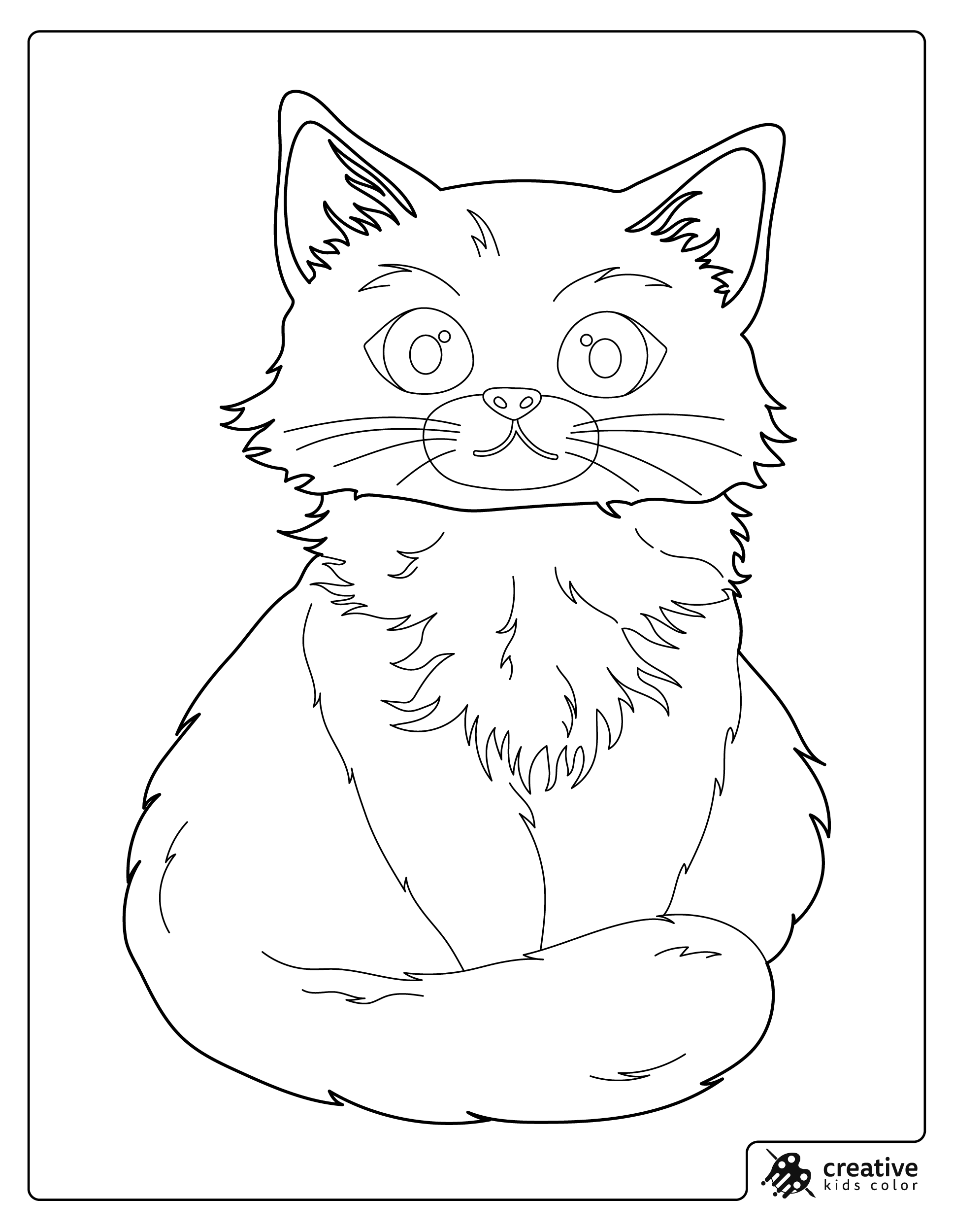 Cat Coloring Page Showing A Fluffy Kitten Sitting Calmly With Big Eyes.