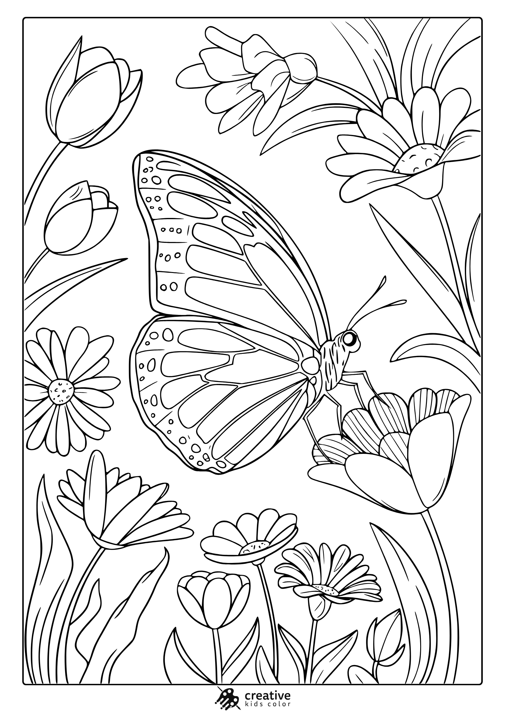 Spring Butterfly Coloring Page With A Detailed Butterfly On A Flower, Ideal For An Artistic And Relaxing Coloring Activity.