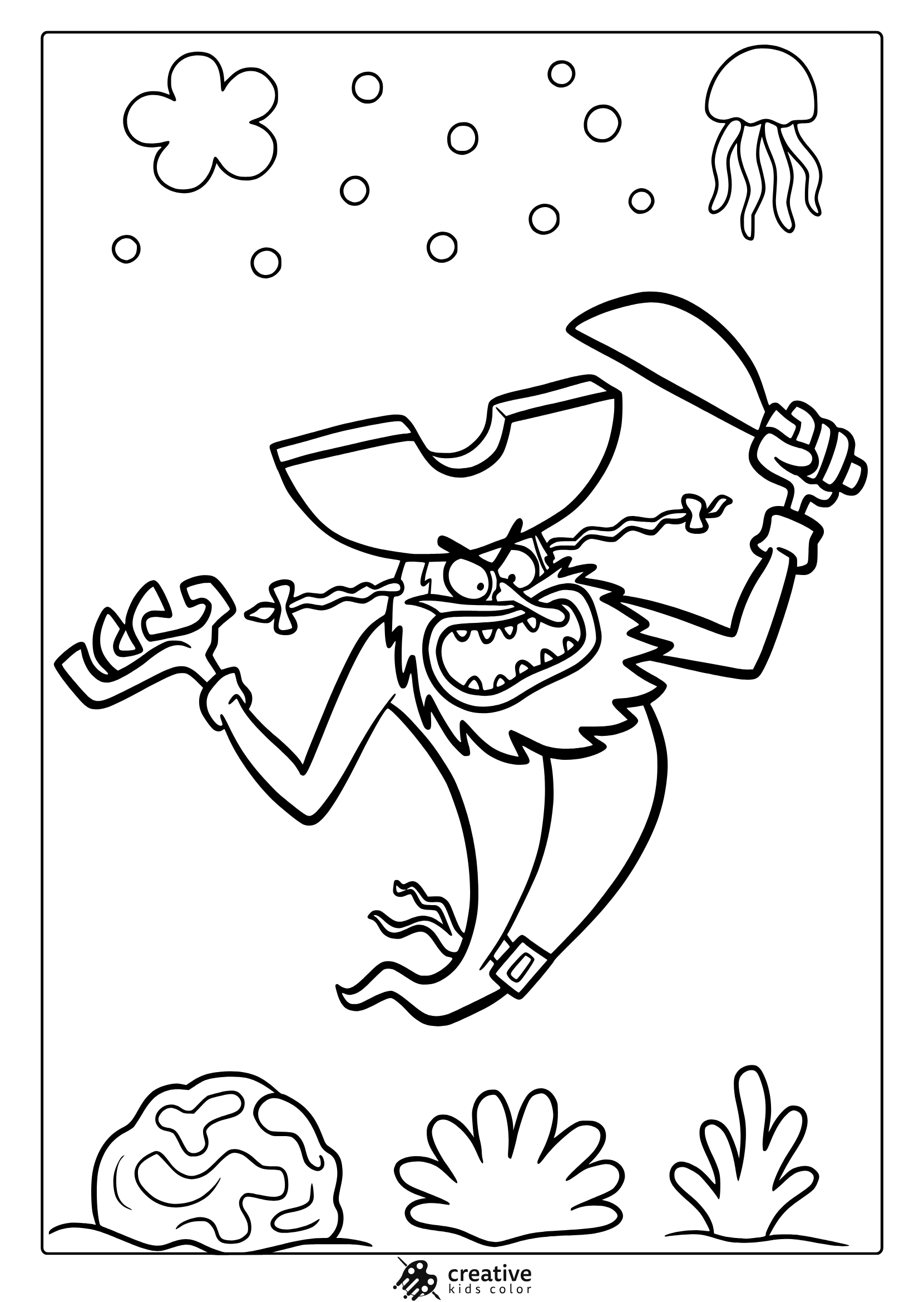 Flying Dutchman In An Action-Filled Pirate-Themed Underwater Coloring Page With Sword And Coral.