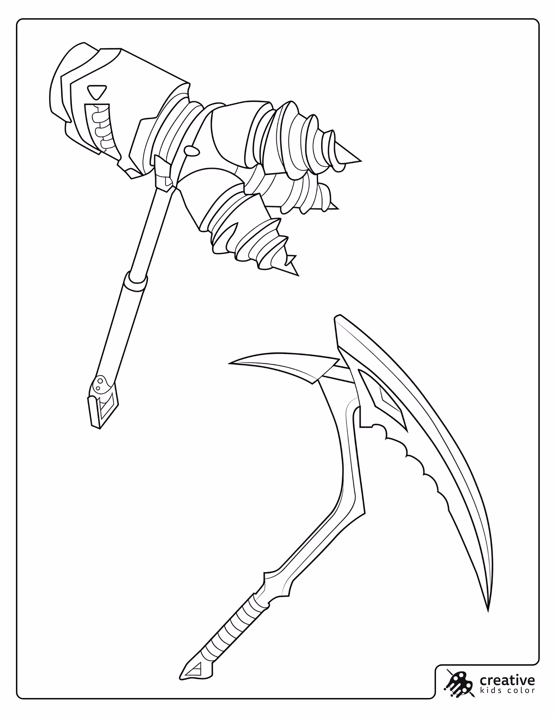 Fortnite Rockbreaker And Crimson Scythe Coloring Page With Drill Hammer And Curved Scythe