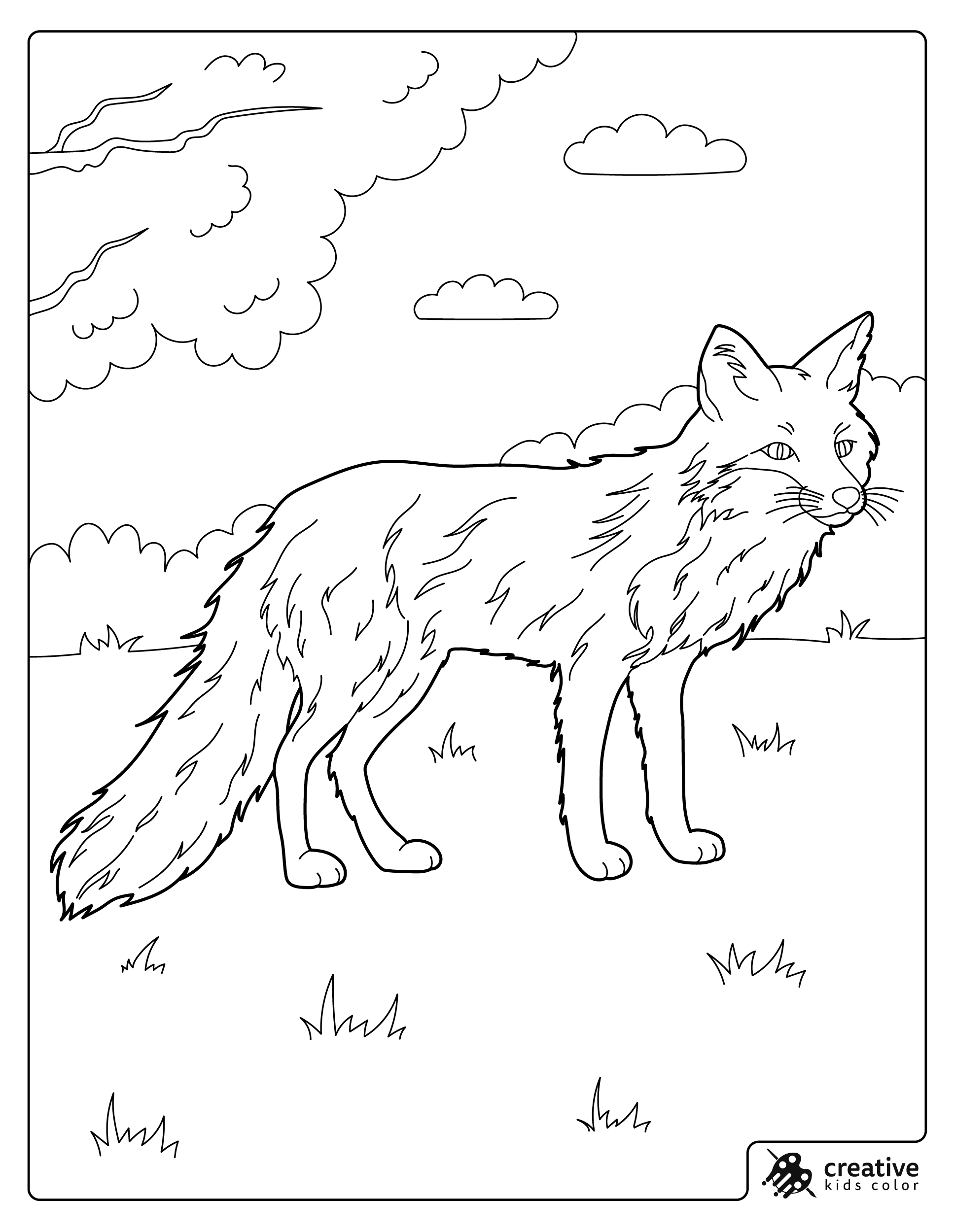 Fox Coloring Page Showing A Fluffy Fox Standing In A Forest With Trees And Clouds.