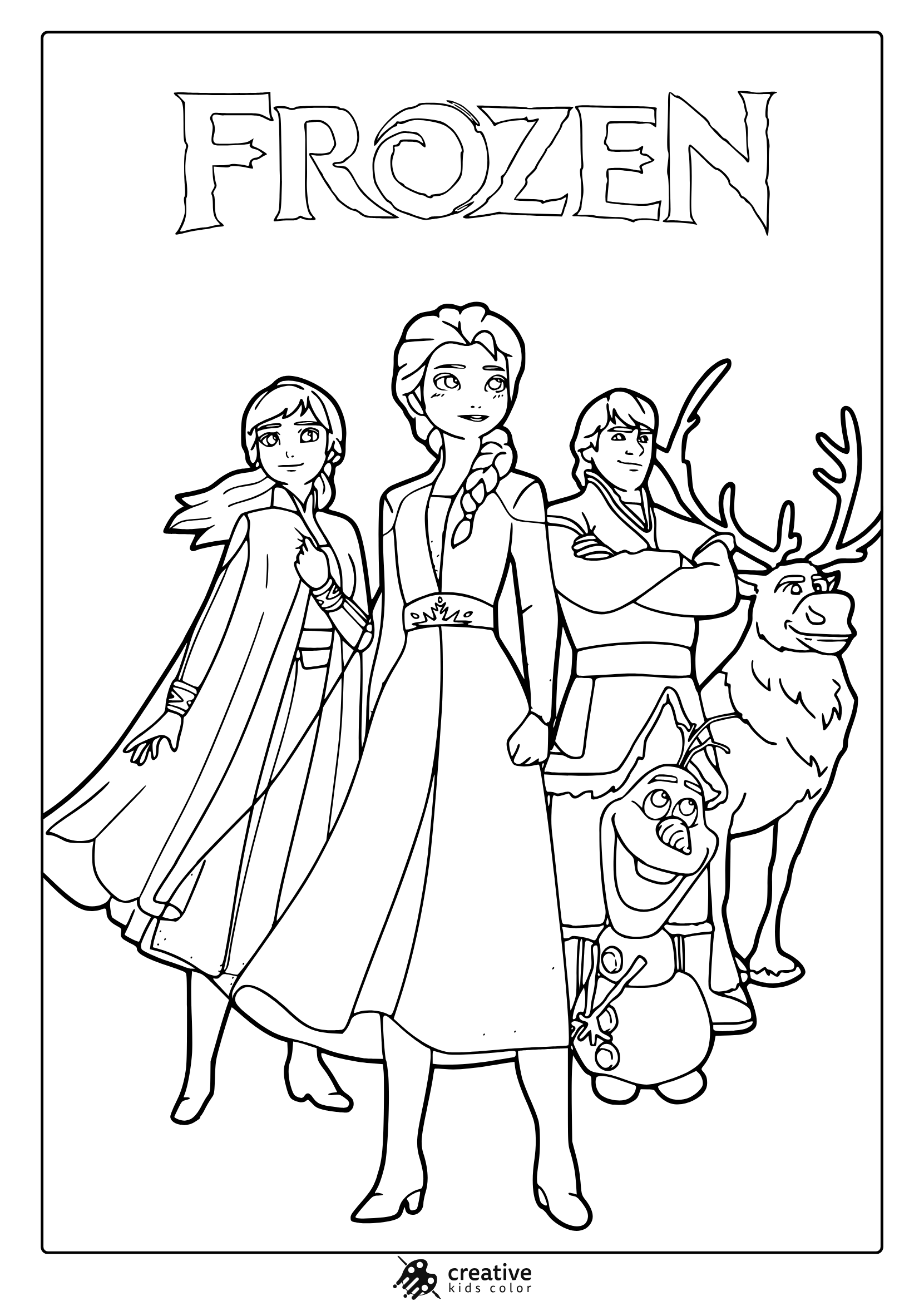 Frozen Characters Coloring Page Standing Together.