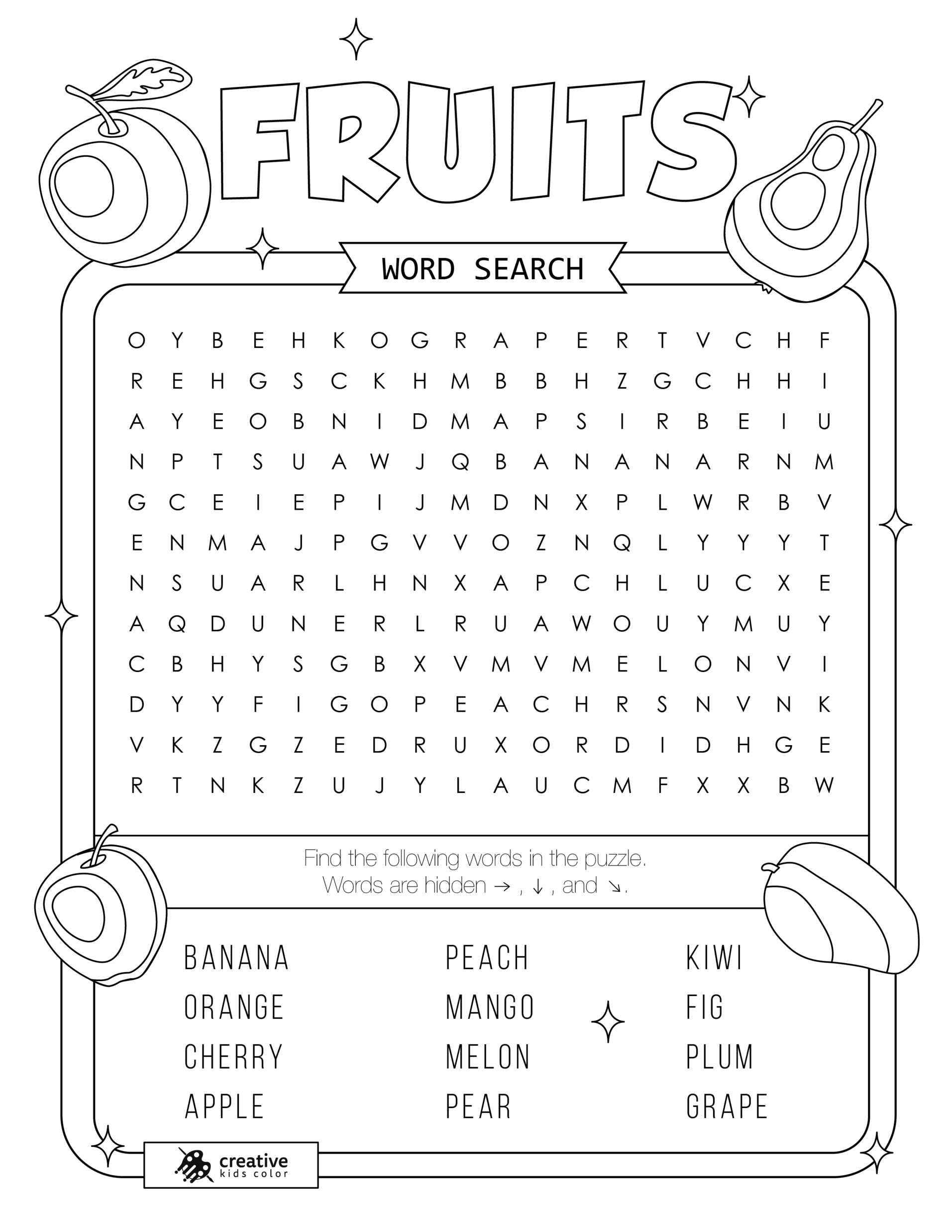 Free printable Fruits word search puzzle with 12 fruits from apple to mango.