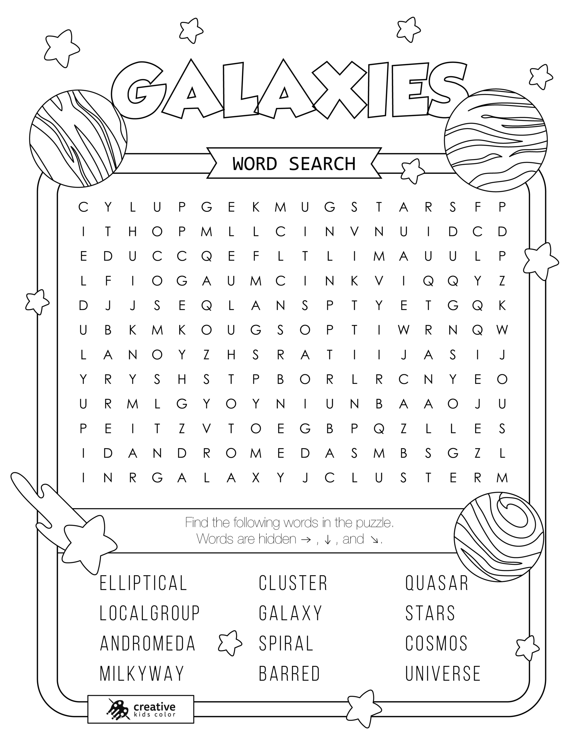 Free printable Galaxies word search puzzle with 12 words from galaxy to universe.