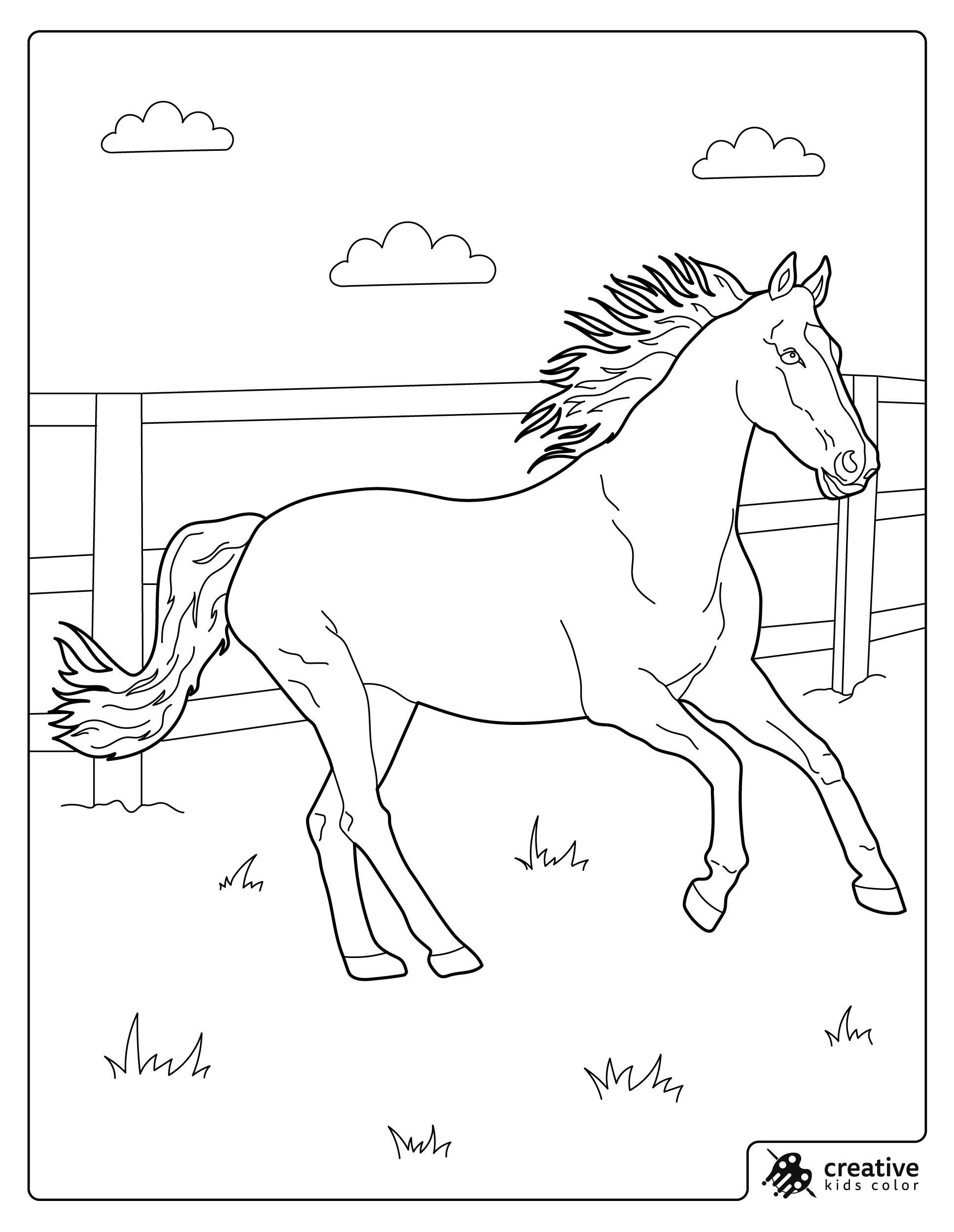 Horse Coloring Page With A Strong Horse Running Freely In A Fenced Field.