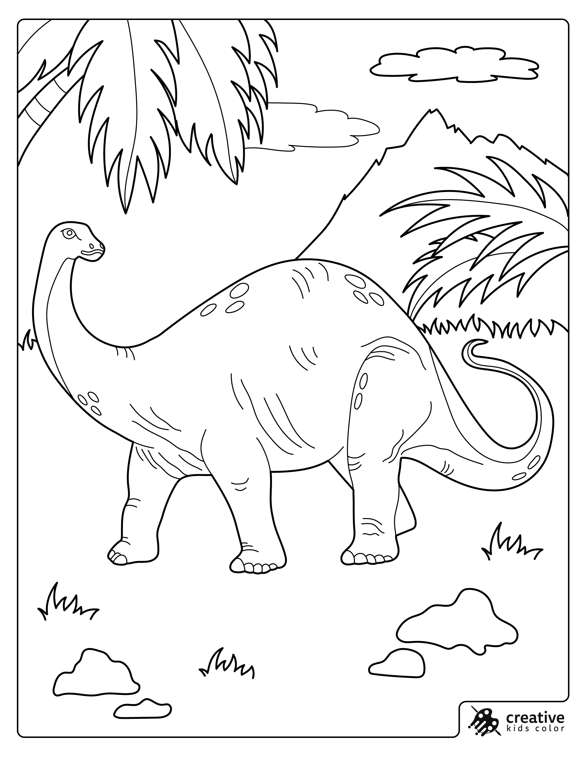 Dinosaur Coloring Page Showing A Long Neck Dinosaur Walking Near Mountains And Trees.