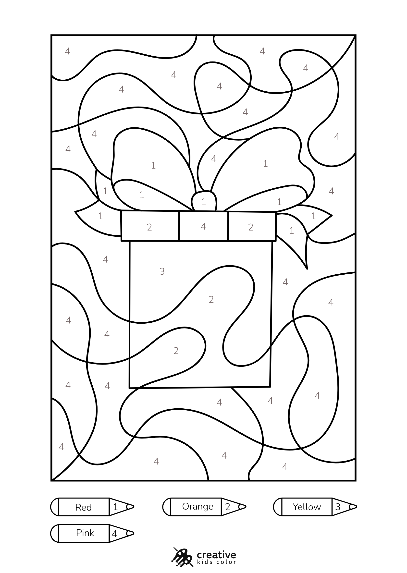 Gift Box Color By Number Coloring Page With A Tall Present, Vertical Stripes, And A Bow Tied On Top.