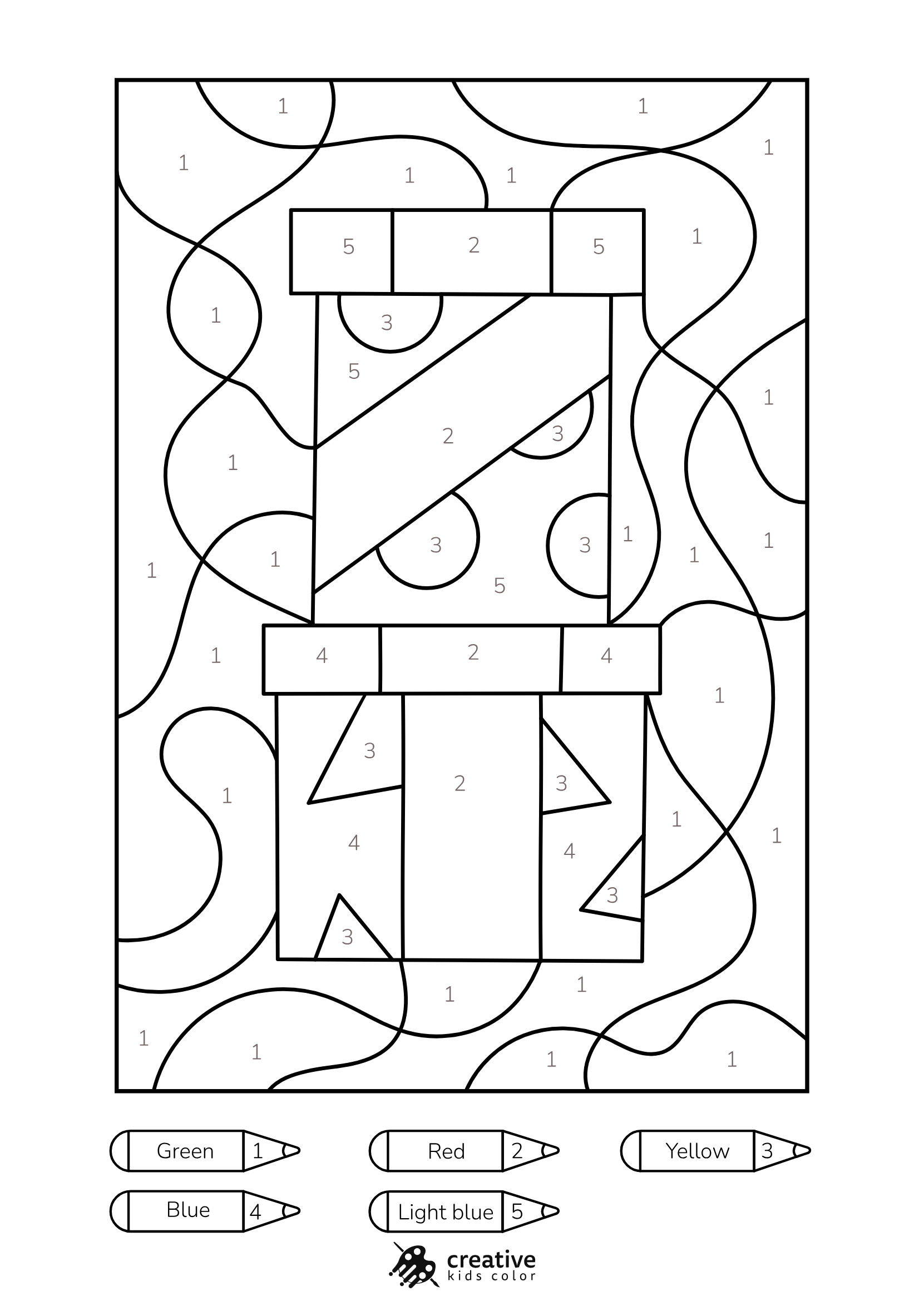 Gift Box Color By Number Coloring Page With A Square Present, Diagonal Stripes, And A Big Ribbon Bow.
