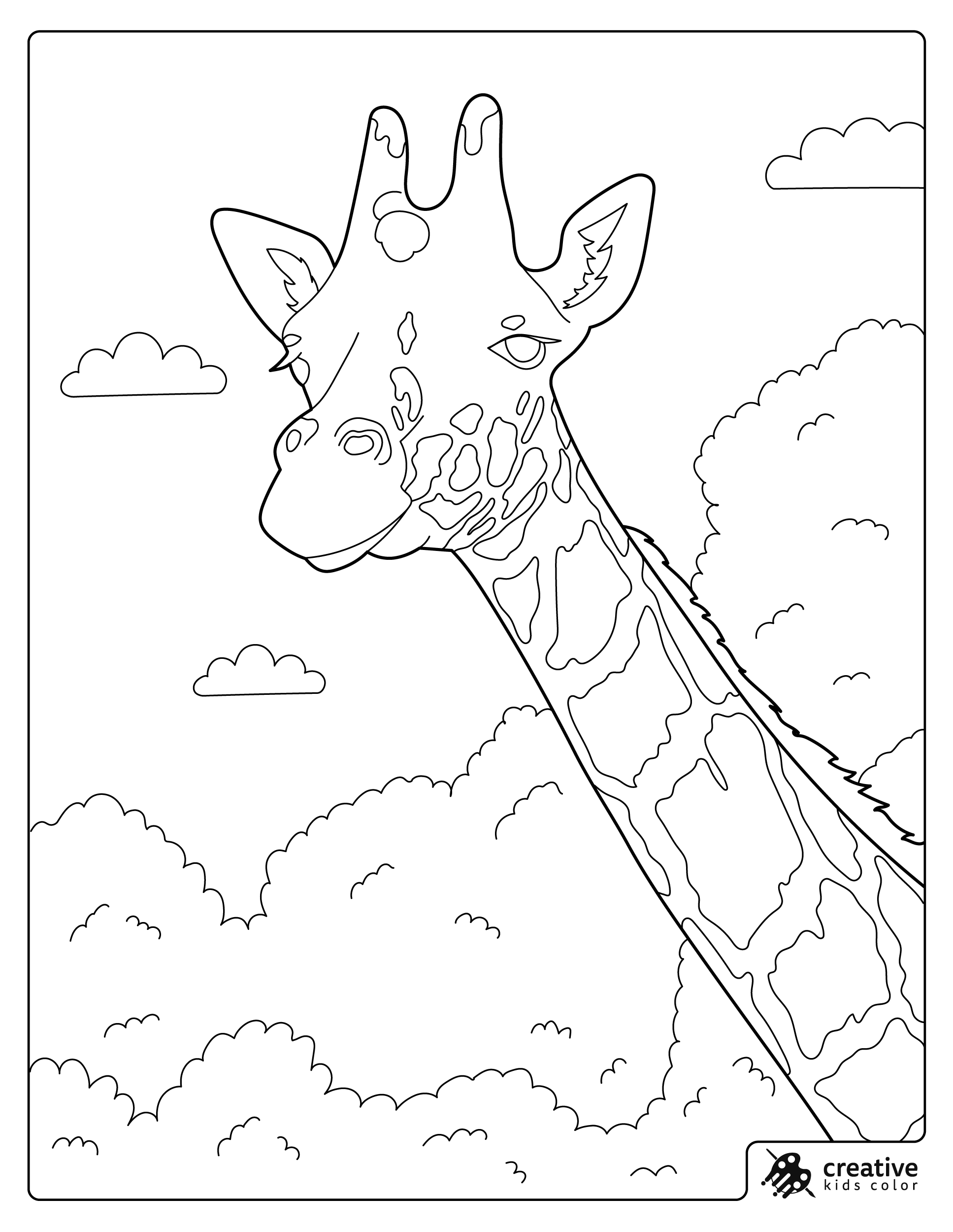Giraffe Coloring Page Showing A Tall Giraffe With Patterned Skin Among Trees And Clouds.