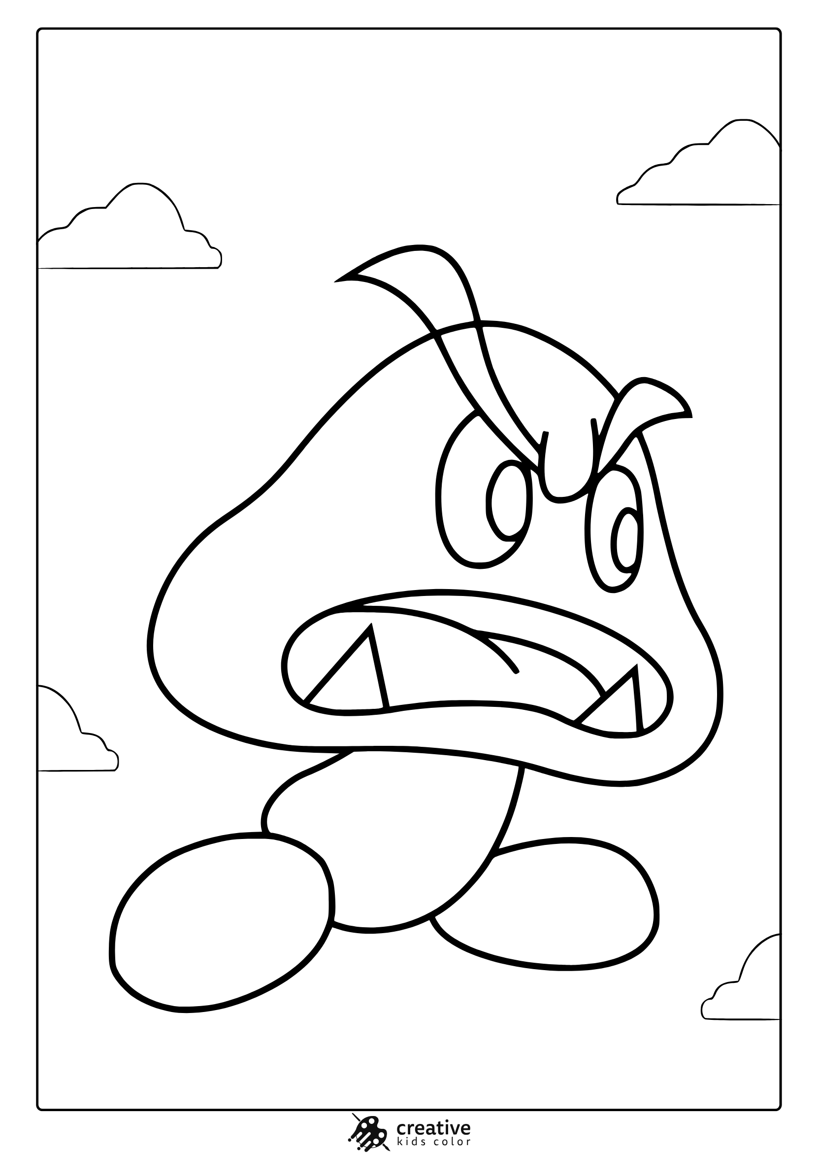 Coloring Page Featuring An Angry Goomba With Clouds In The Background.