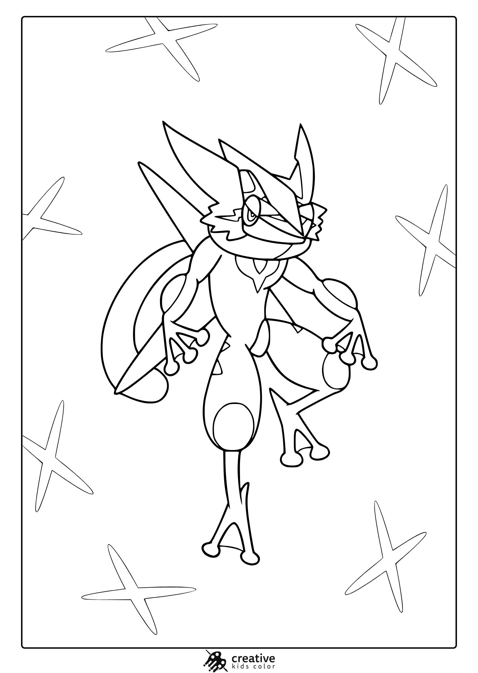 Greninja With Sharp Lines And Geometric Flow On A Unique Pokémon Coloring Page.
