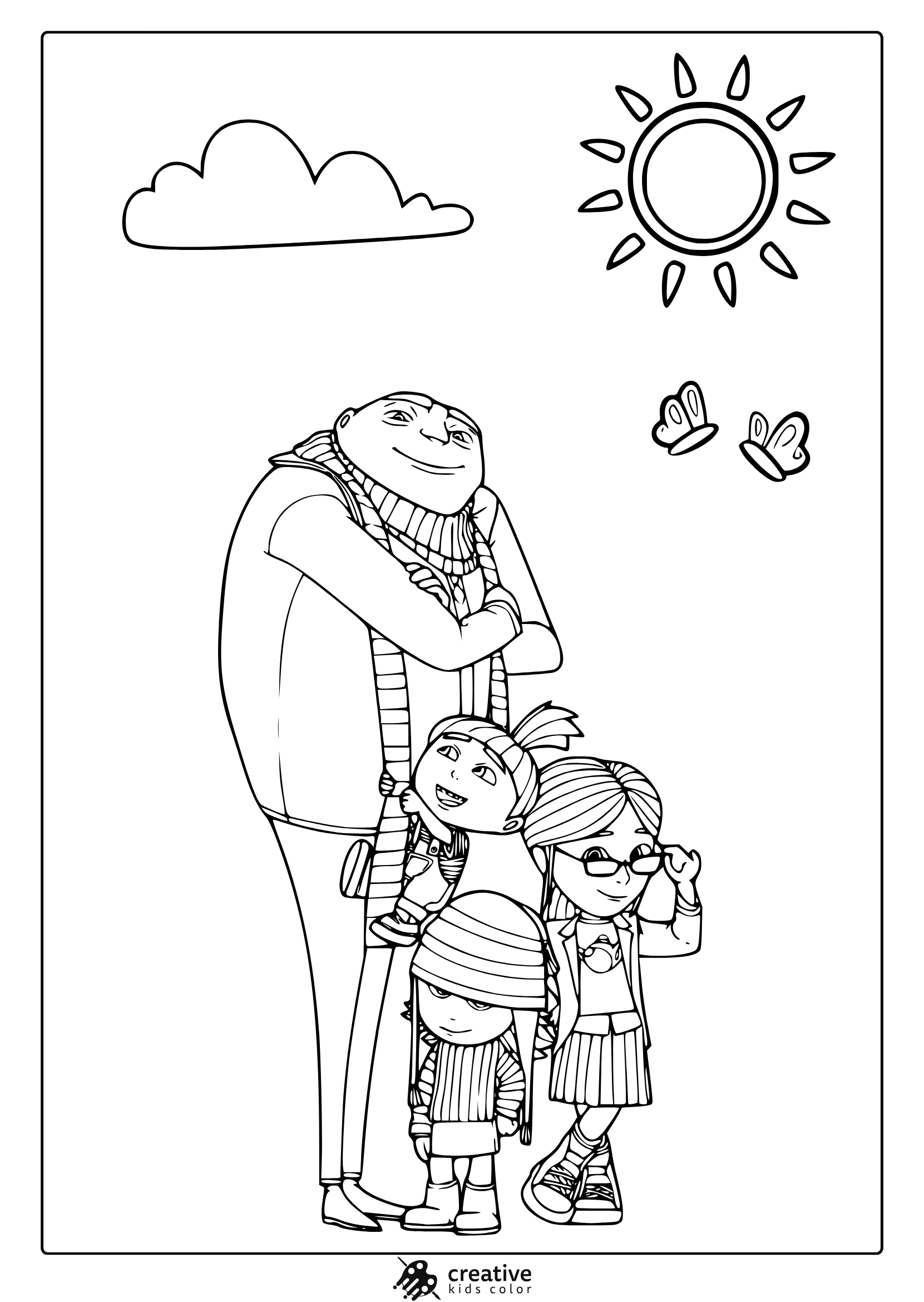 Coloring Page With Gru And The Girls Standing Outdoors Under The Sun, Perfect For A Family-Themed Coloring Page.