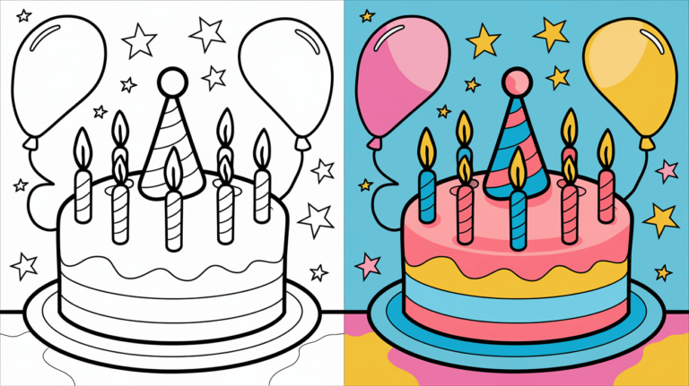 Happy Birthday Coloring Page Cover, The Left Side Is Colored In Black And White, While The Right Side Is Colored With A Fun Scene Filled With A Birthday Cake And Balloons.
