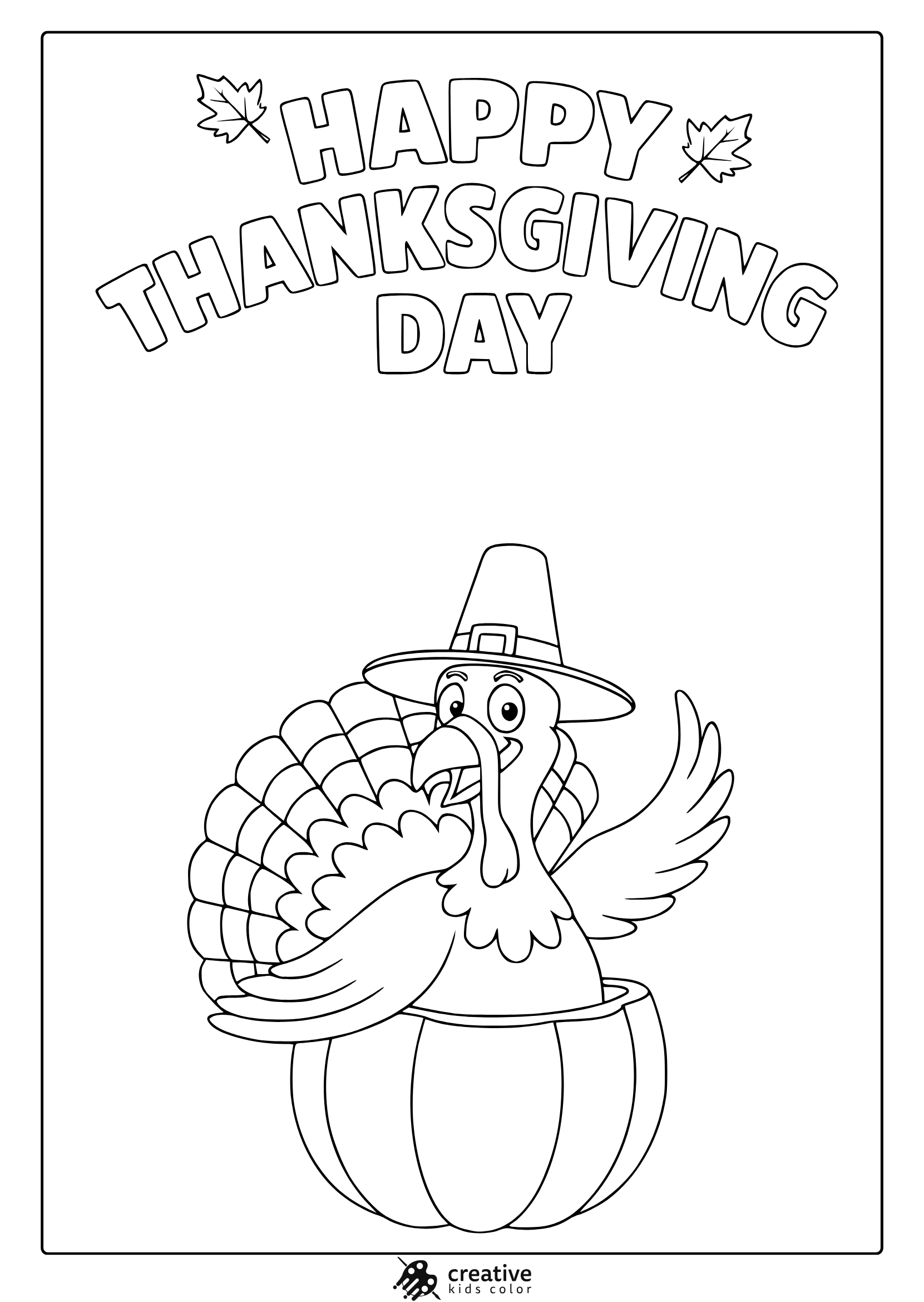 Happy Thanksgiving turkey coloring page with pilgrim hat, pumpkin, and festive text.