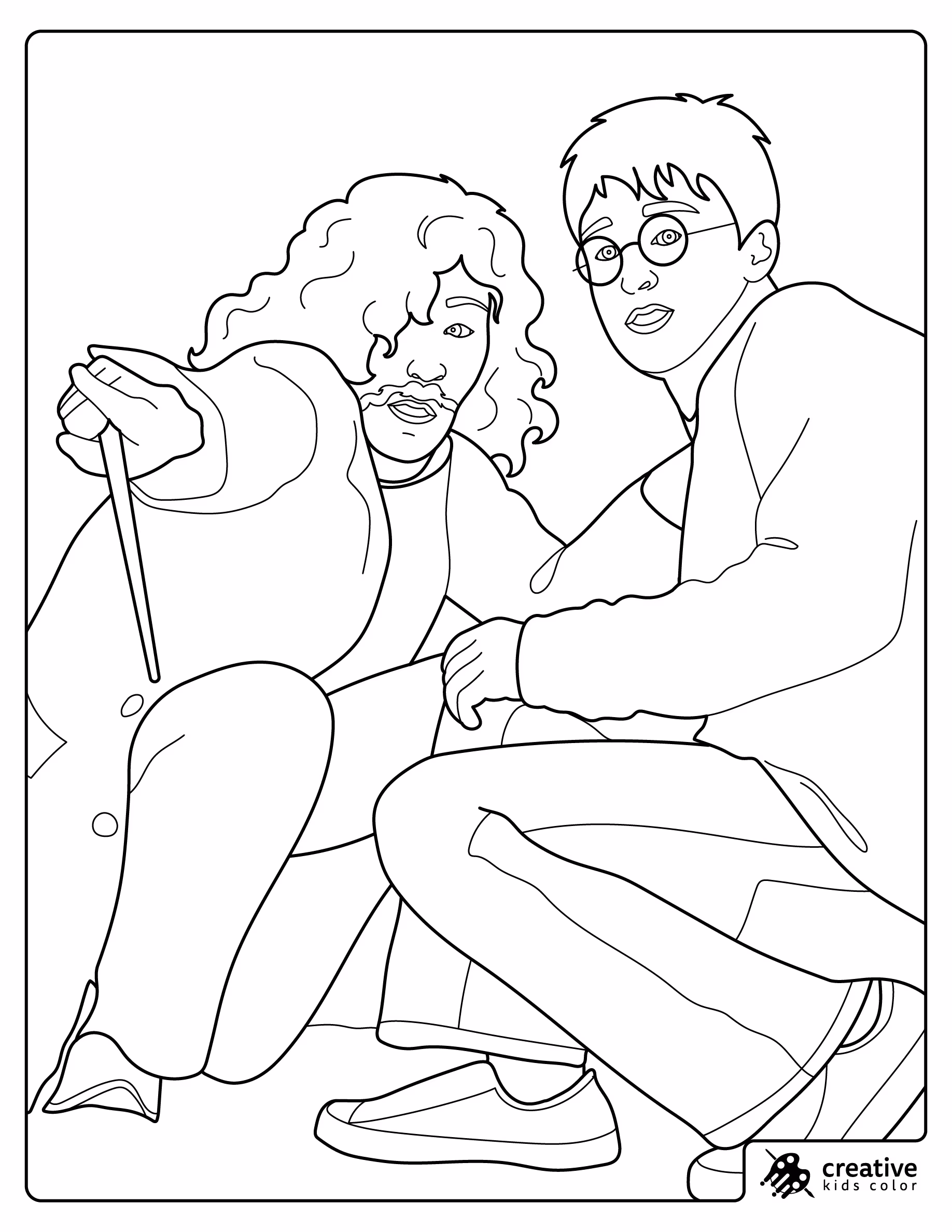 Harry Potter Sitting Beside Sirius Black With A Wand Coloring Page