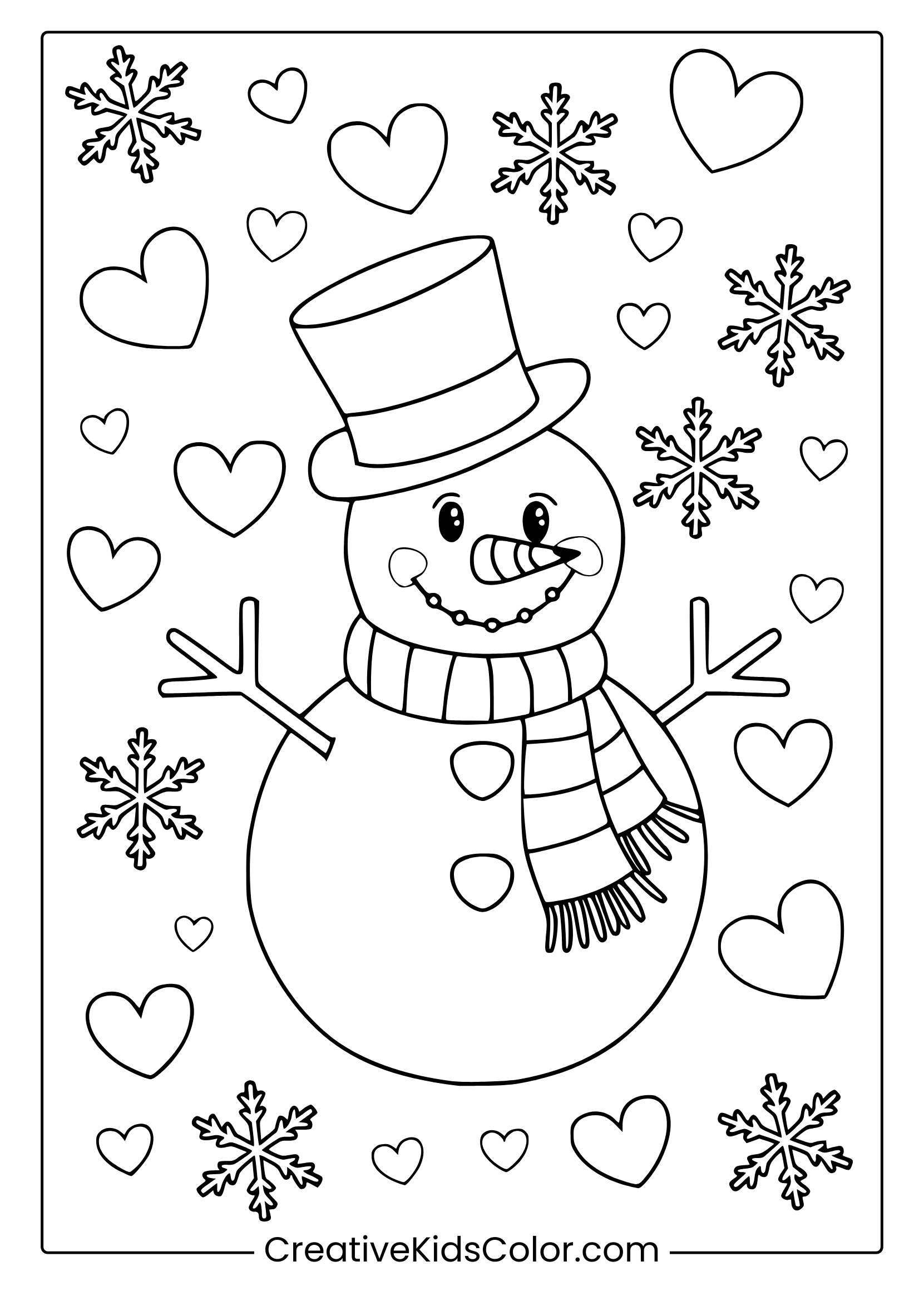 A Joyful Snowman Surrounded By Hearts And Snowflakes, Perfect For A February Coloring Page.