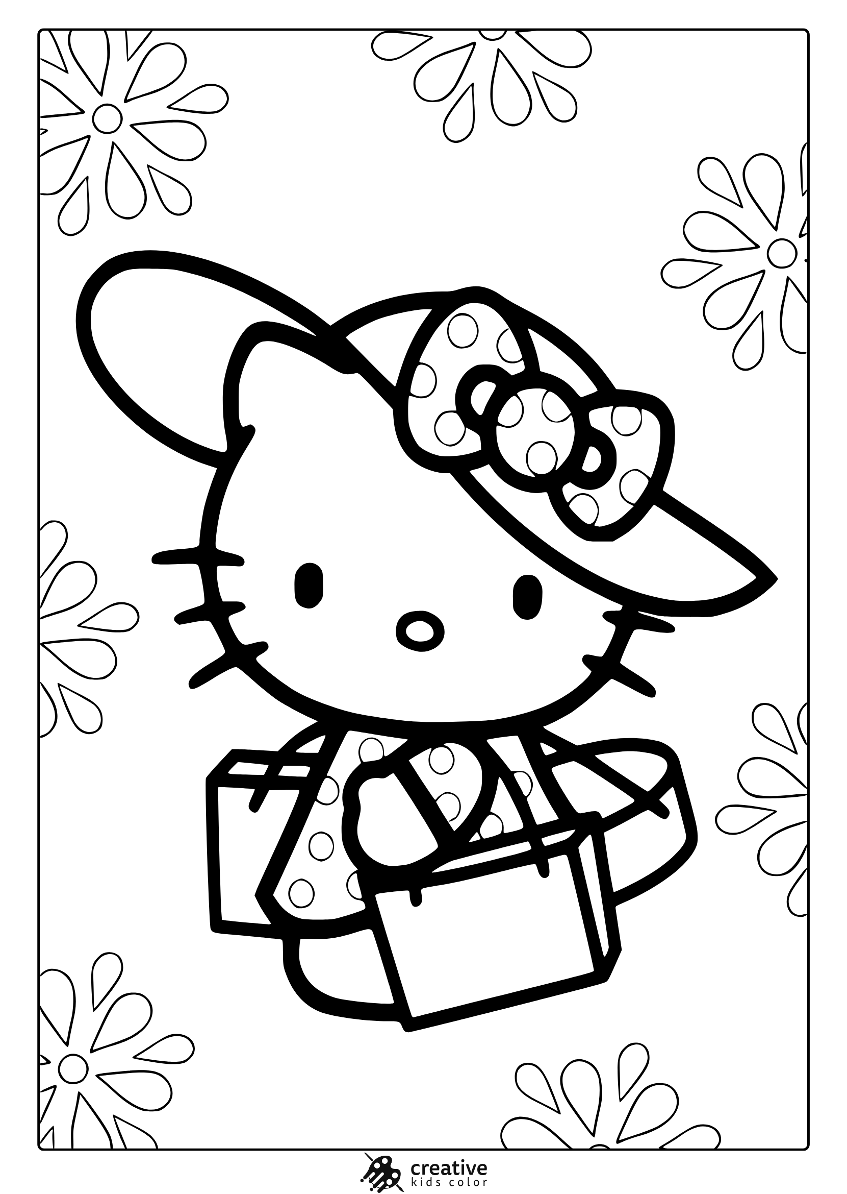Hello Kitty Coloring Page With Shopping Scene And Floral Details, Designed For Older Kids And Adults.