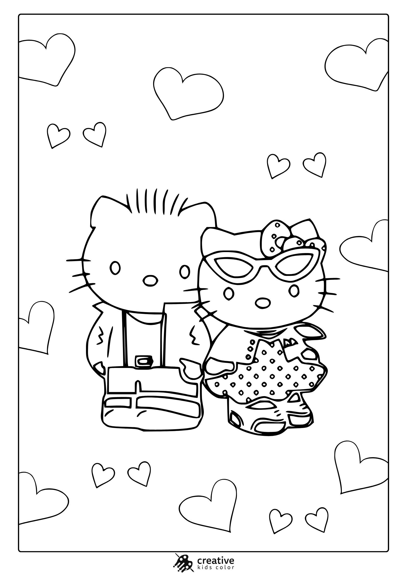Coloring Page With Hello Kitty And Dear Daniel In A Heart-Themed Couple Scene.