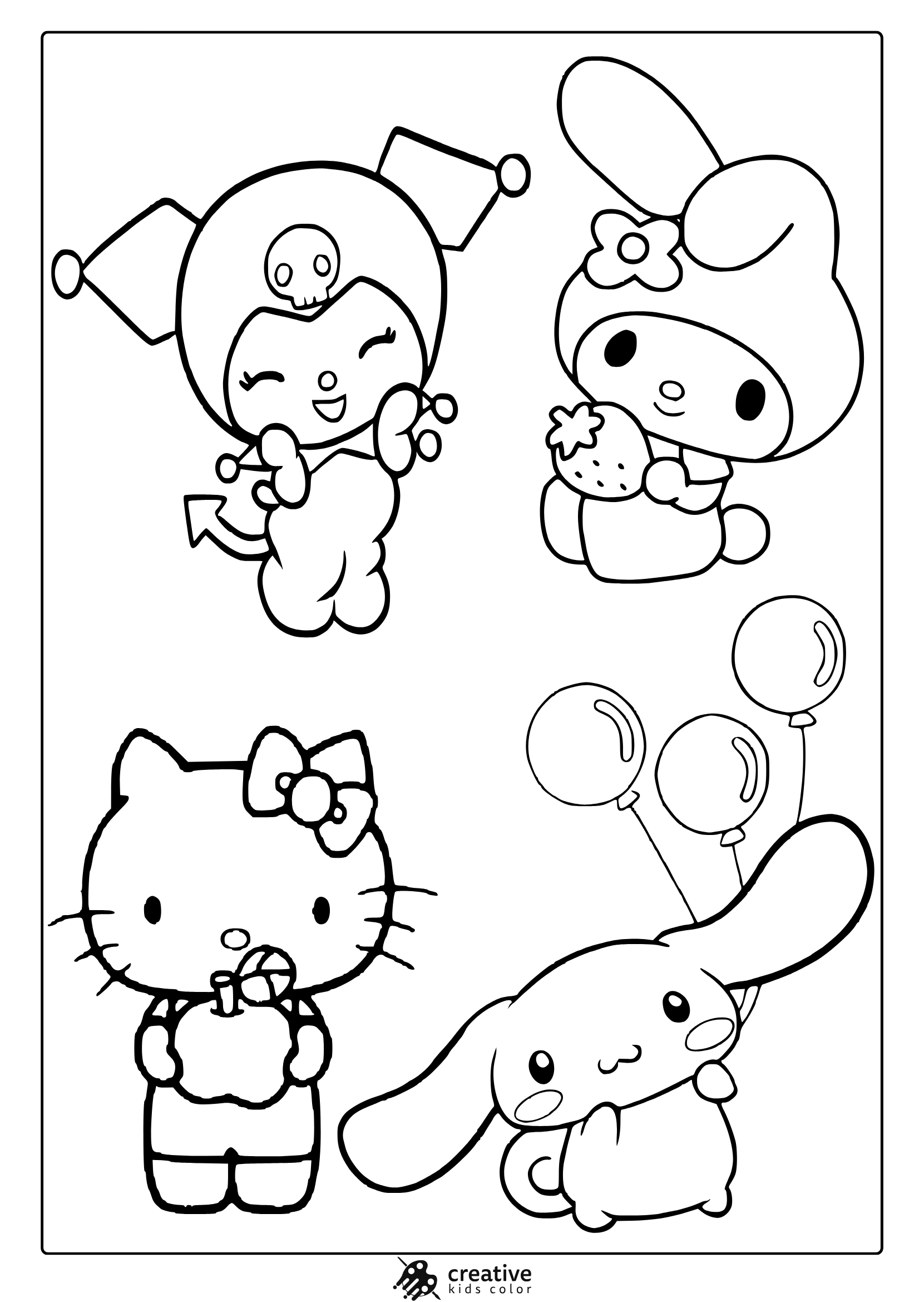 Coloring Page With Hello Kitty, Kuromi, My Melody And Cinnamoroll In A Cute Group Layout With Clean Outlines.