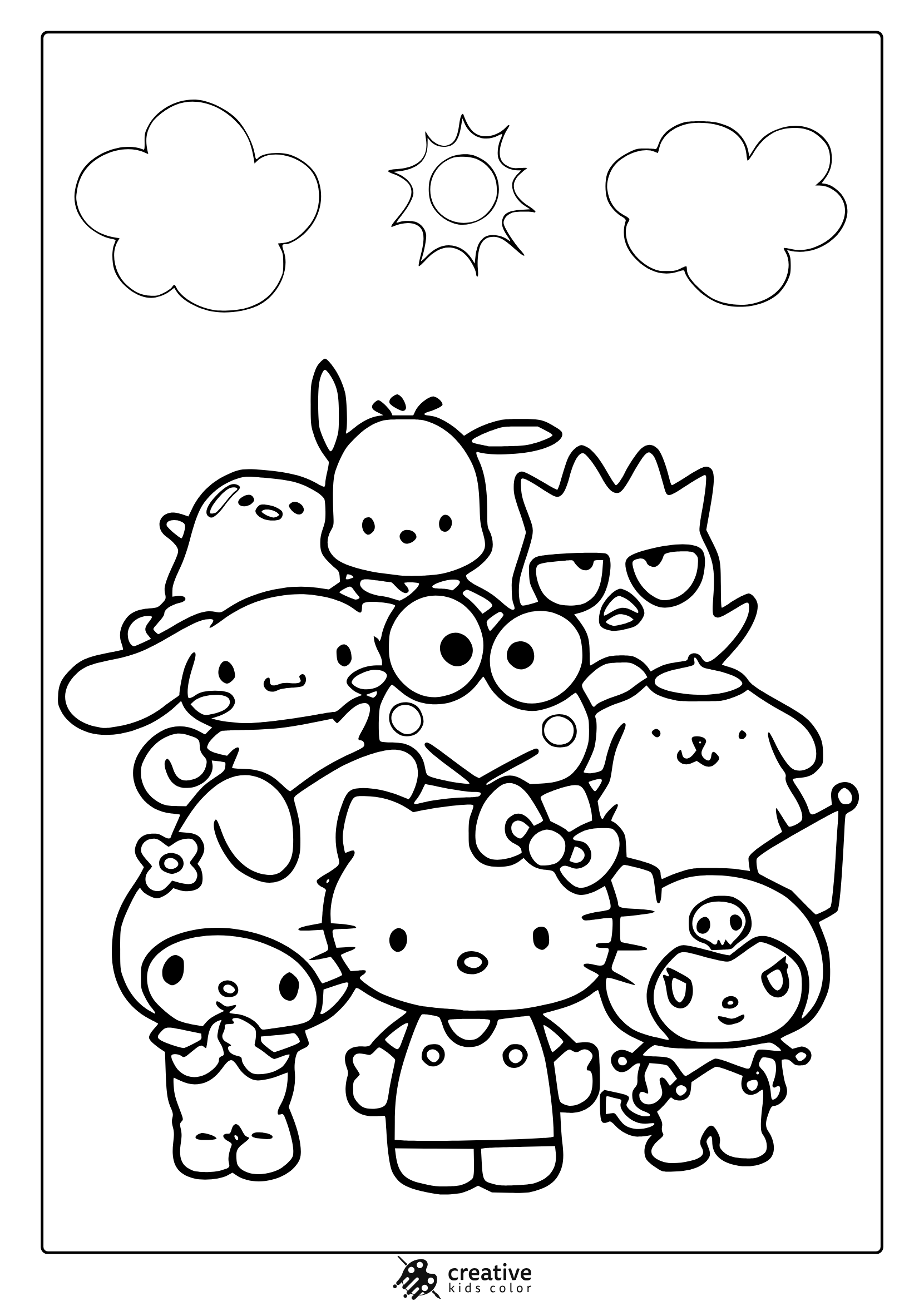 Coloring Page With Hello Kitty, Pompompurin, Cinnamoroll And Chococat In A Layered Group Scene.