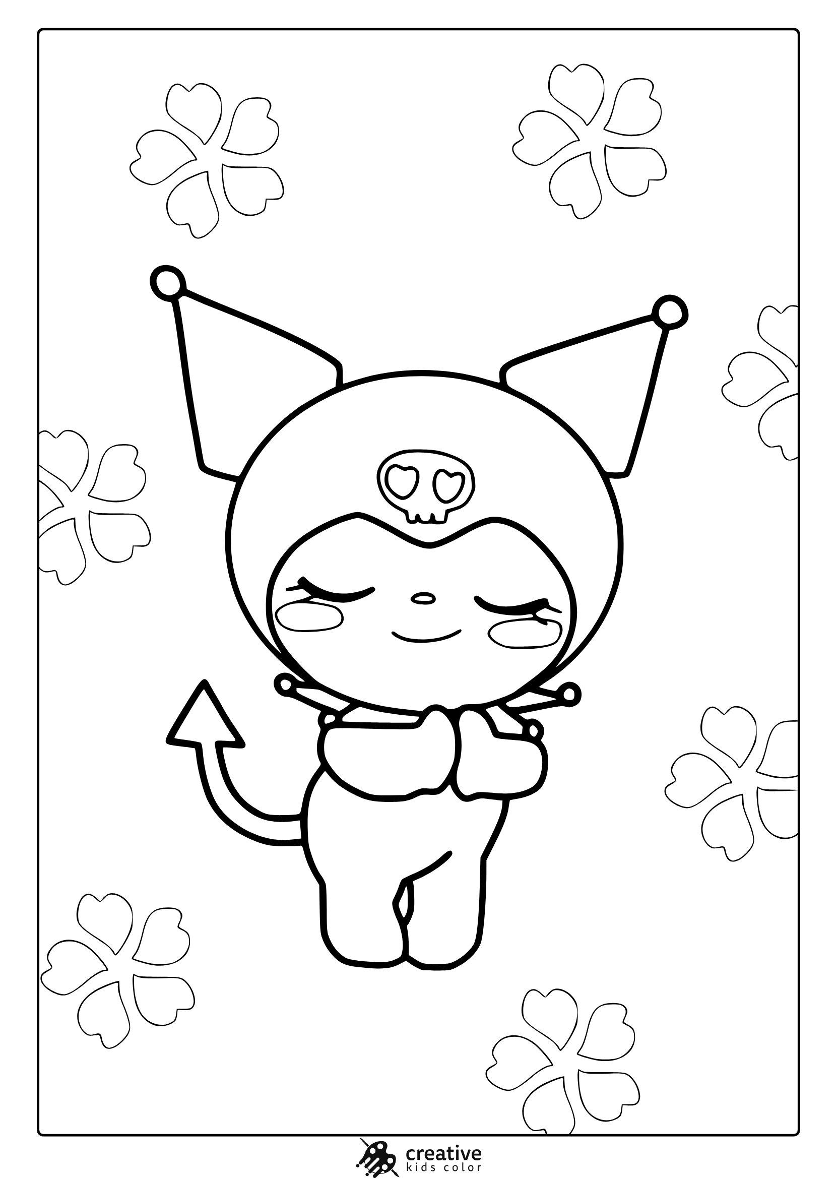 Kuromi Coloring Page With Floral Background And Calm Pose In Bold Black Outlines.