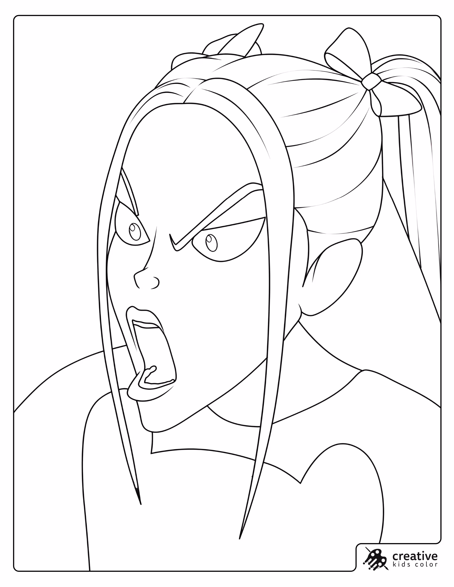 Mira Angry Close Up Coloring Page With Open Mouth And Open Hair