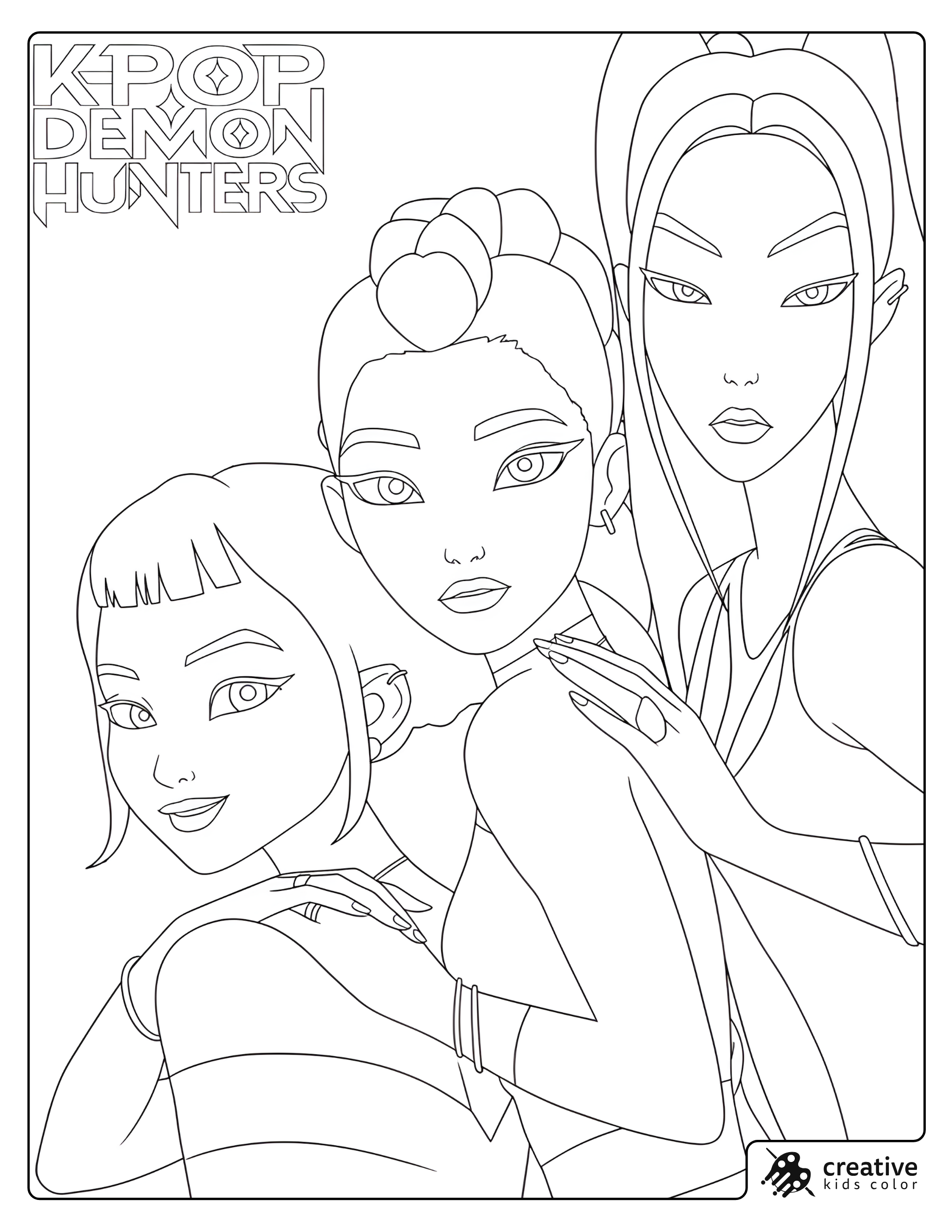 Hunttrix Close Up Trio Coloring Page with Mira Rumi and Zoey Under The Kpop Demon Hunters Logo