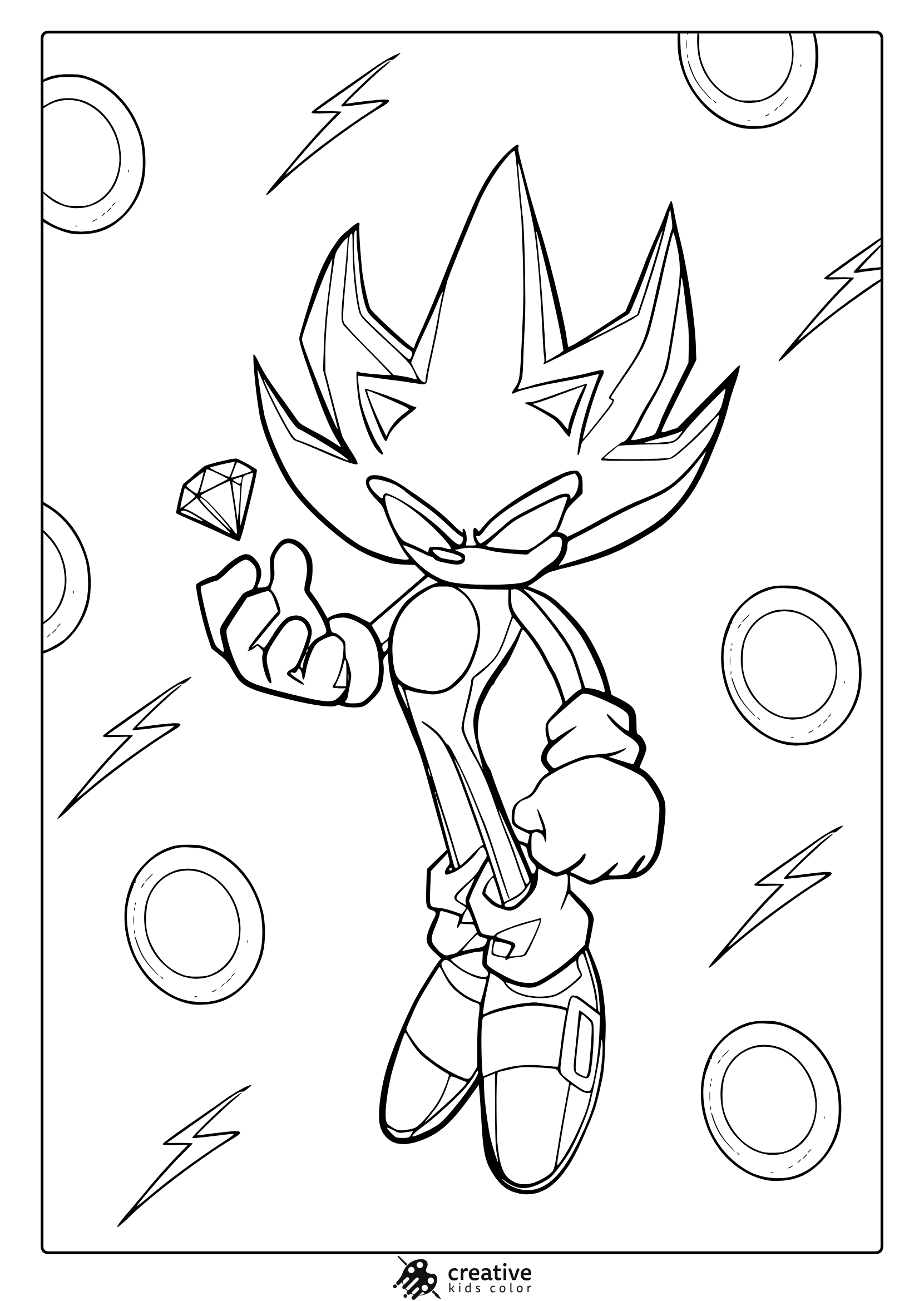 Coloring Page With Hyper Sonic Surrounded By Lightning And Emerald Patterns.