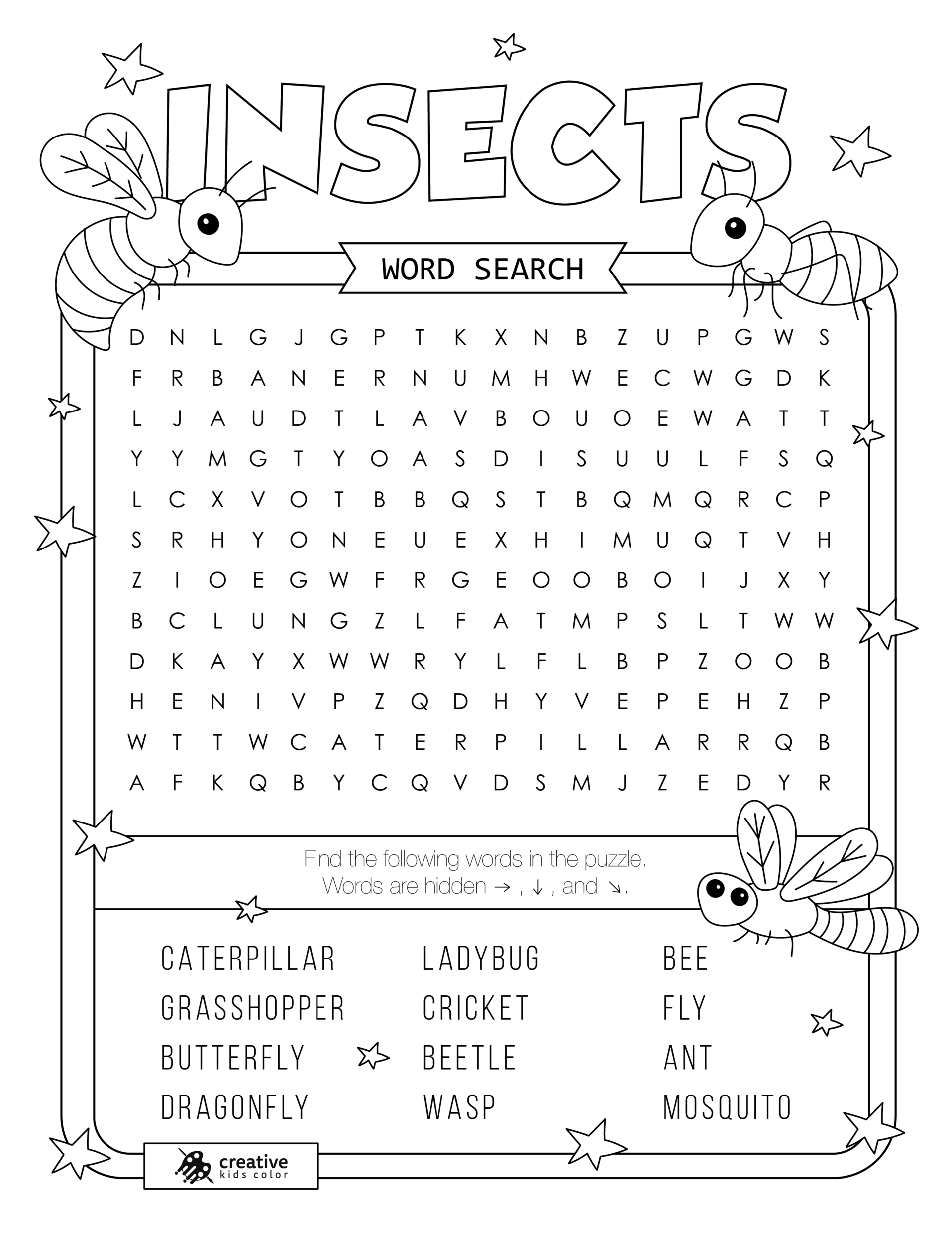 Free printable Insects word search puzzle with 12 insects from ant to butterfly.