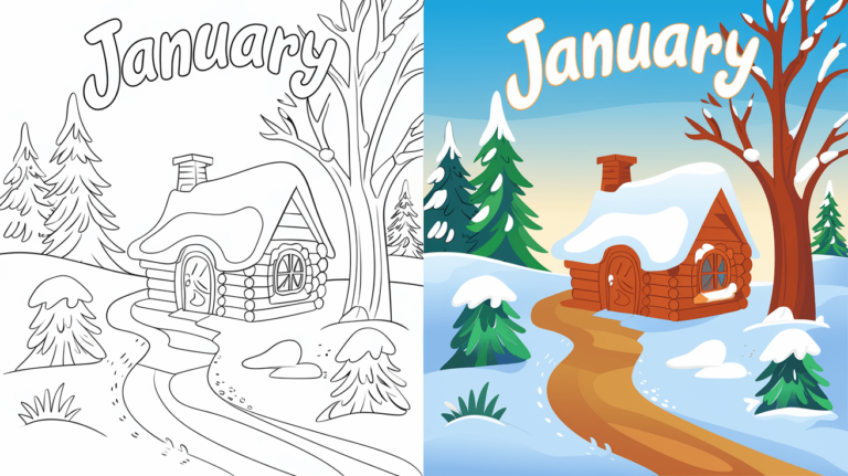 Coloring Page Cover Of January, Left Side In Black And White, Right Side Colored In A Fun, Snowy Scene.