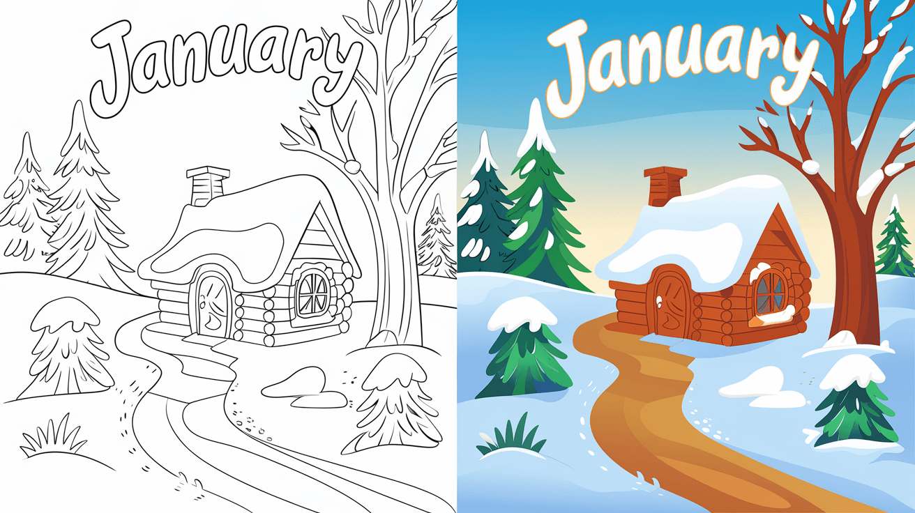 Coloring Page Cover Of January, Left Side In Black And White, Right Side Colored In A Fun, Snowy Scene.